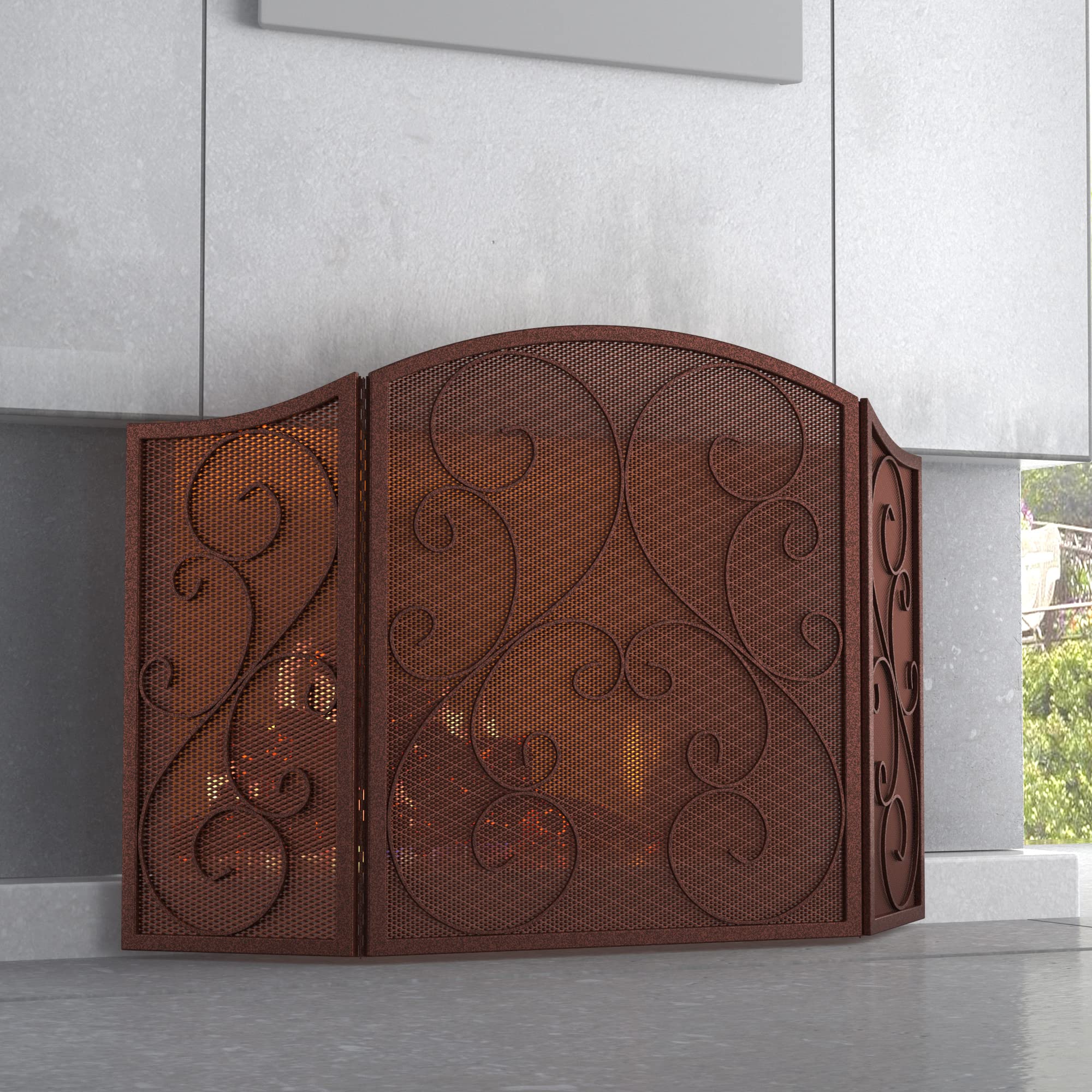 Fire Beauty Fireplace Screen 3 Panel Wrought Iron Metal 48 ''(L) x30(H) Spark Guard Cover(Antique Bronze)