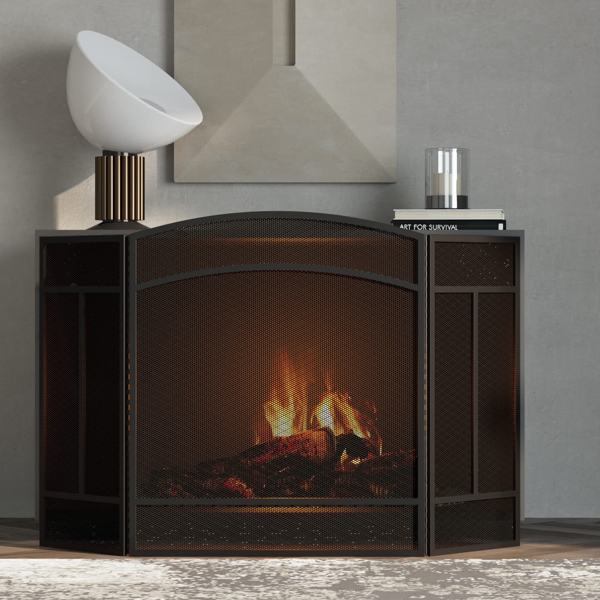 Fire Beauty Fireplace Screen 3 Panel Wrought Iron 48 ''(L) x 29 ''(H) Spark Guard Cover(Black)