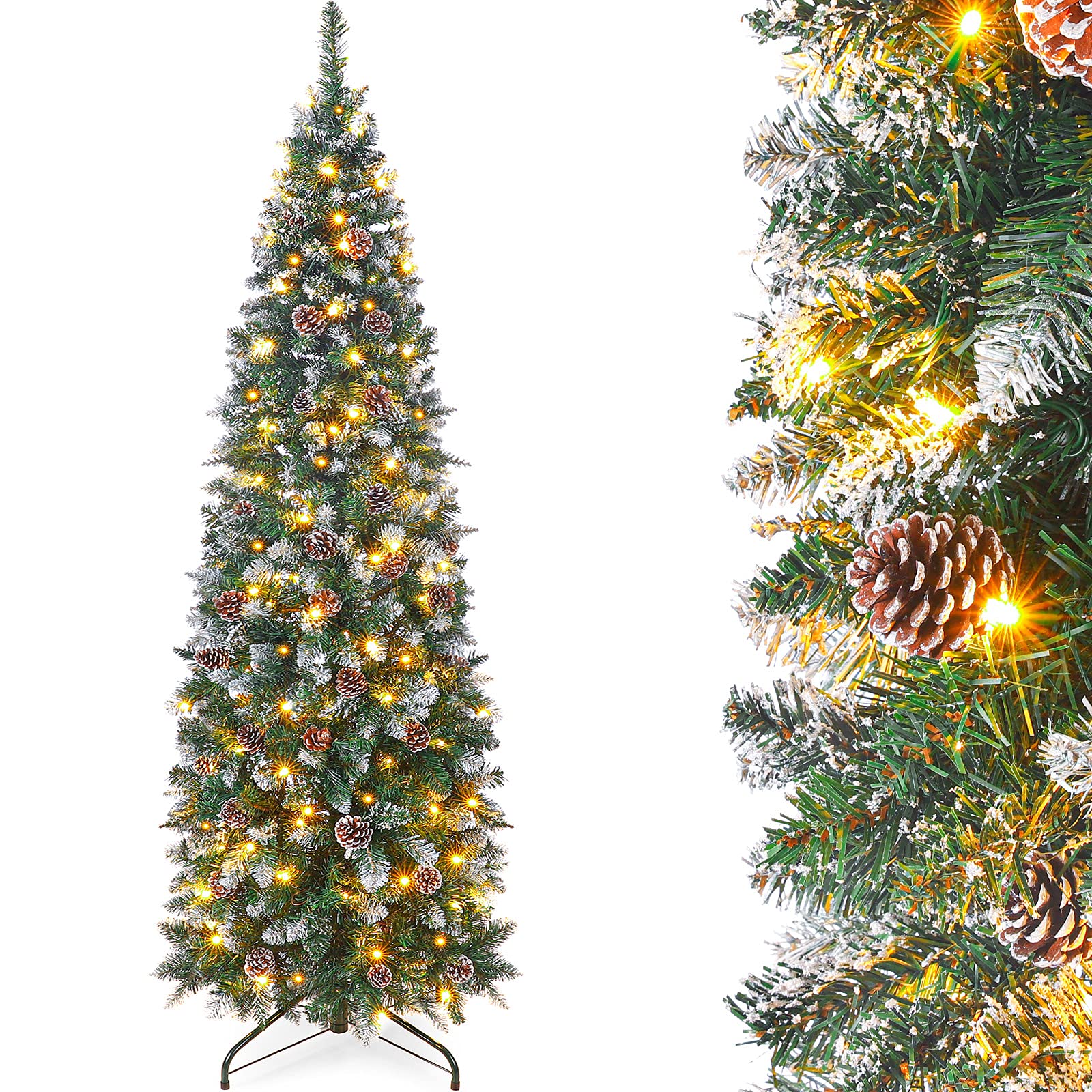 Homde Pencil Christmas Tree 7 Foot Pre-Lit Artificial Christmas Tree with Flocked Snow Pine Cone 210 Warm White Light Holiday De