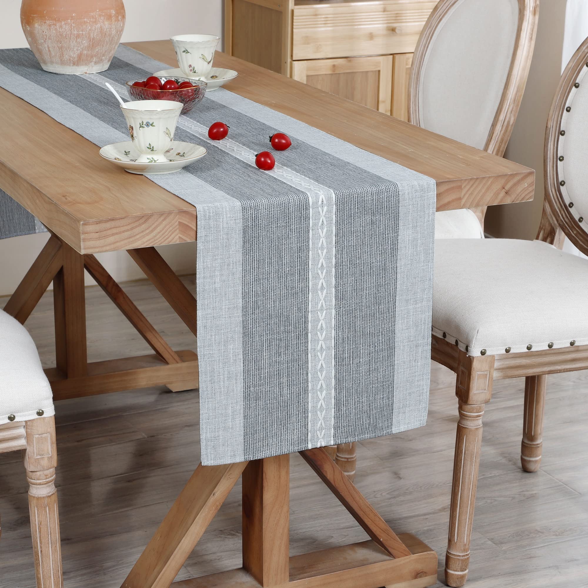 Farmhouse Braided Striped Table Runner Rustic Embroidery Coffee Table Runners For Decorations Weddings Holiday Grey 13X60Inch