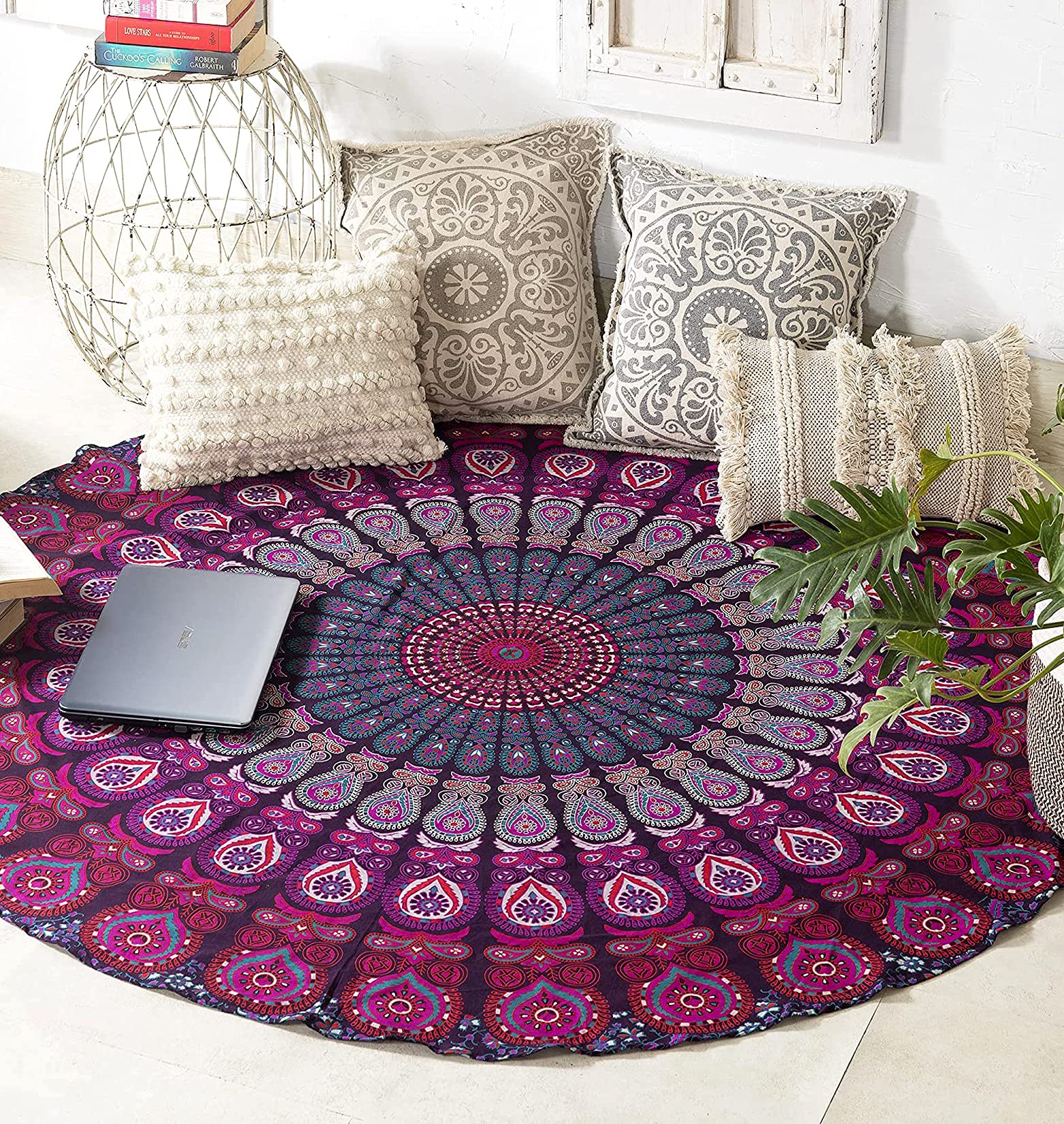 Raajsee Purple Round Beach Tapestry Hippie/Boho Beach Blanket Mandala Roundie/Indian Cotton Throw - Round Tablecloth/Home Decor/