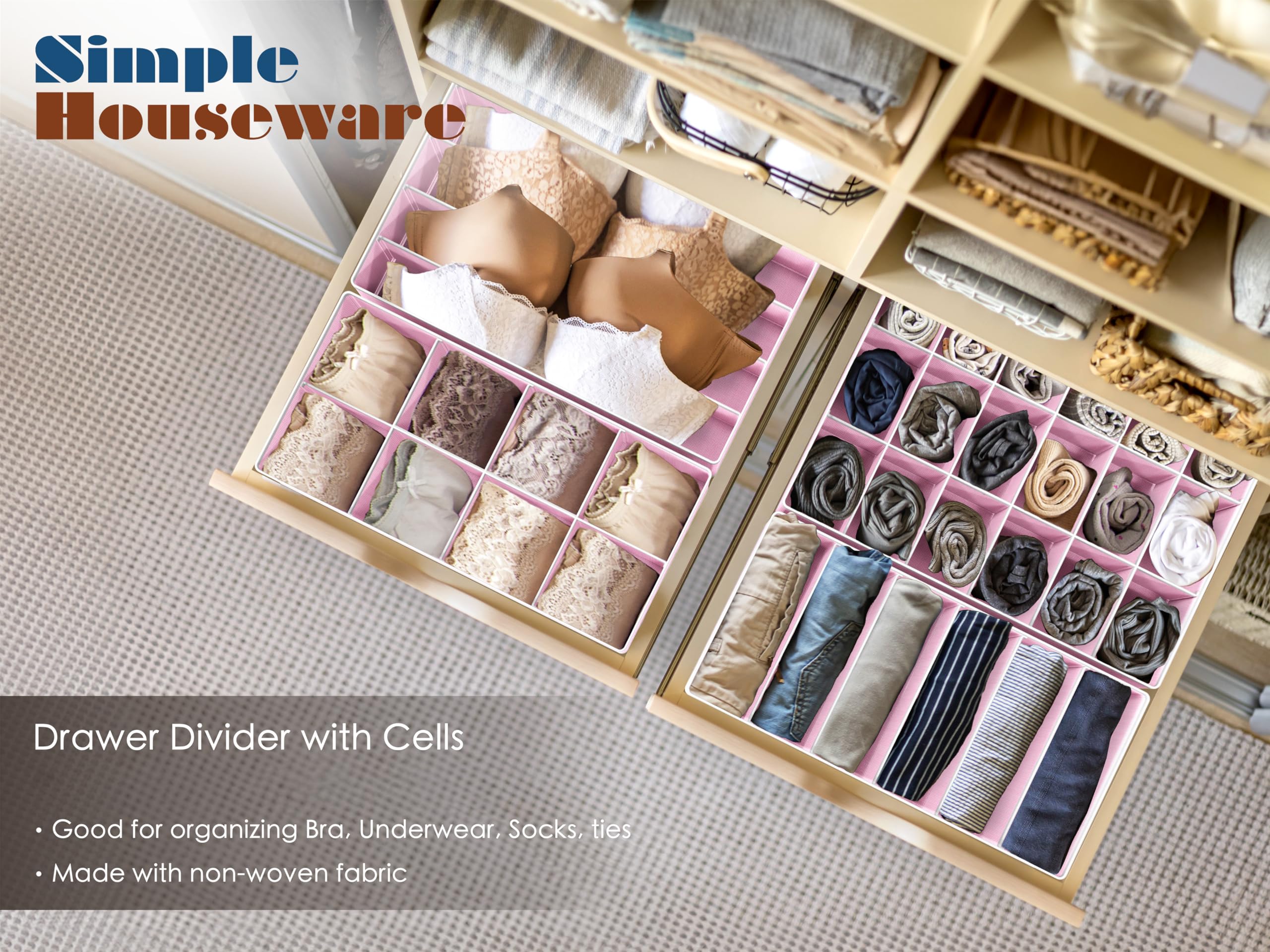 Simple Houseware Closet Underwear Organizer Drawer Divider 4 Set, Pink