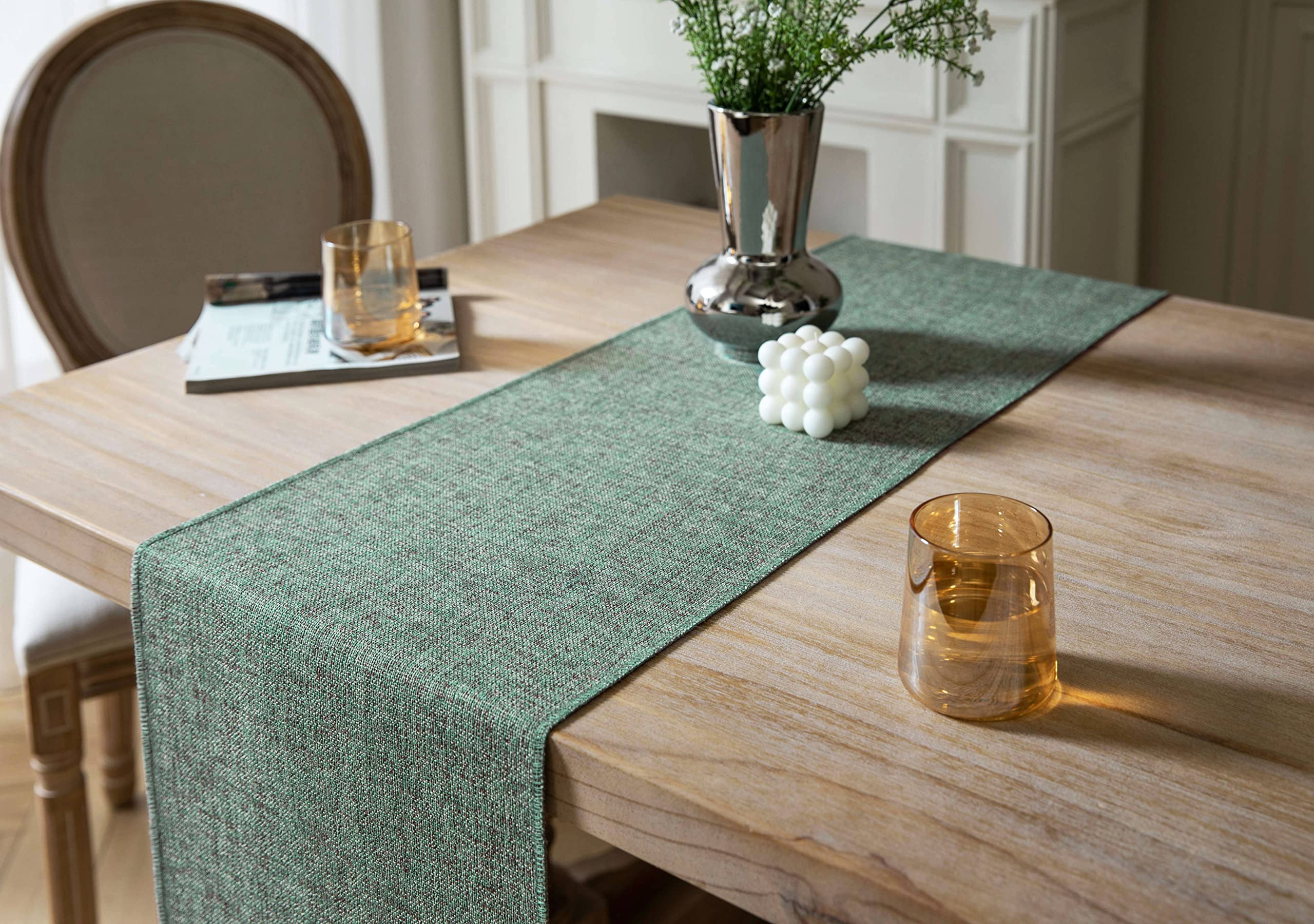 Zeemart Green Table Runners 90 Inches Long, Burlap Linen Style Rustic Farmhouse Table Runner, Long Boho Dining Table Runner, 13X