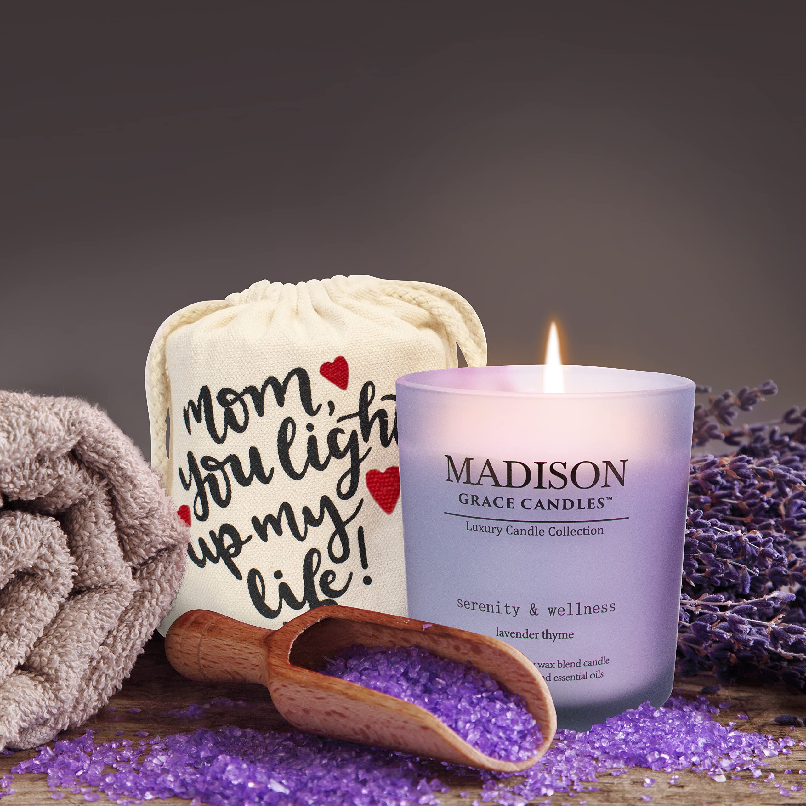 Madison Grace Lavender Scented Soy Wax Candle, 5.6 oz, Frosted Jar with Wooden Lid, Aromatherapy Gift for Mom, Birthday, Mother'