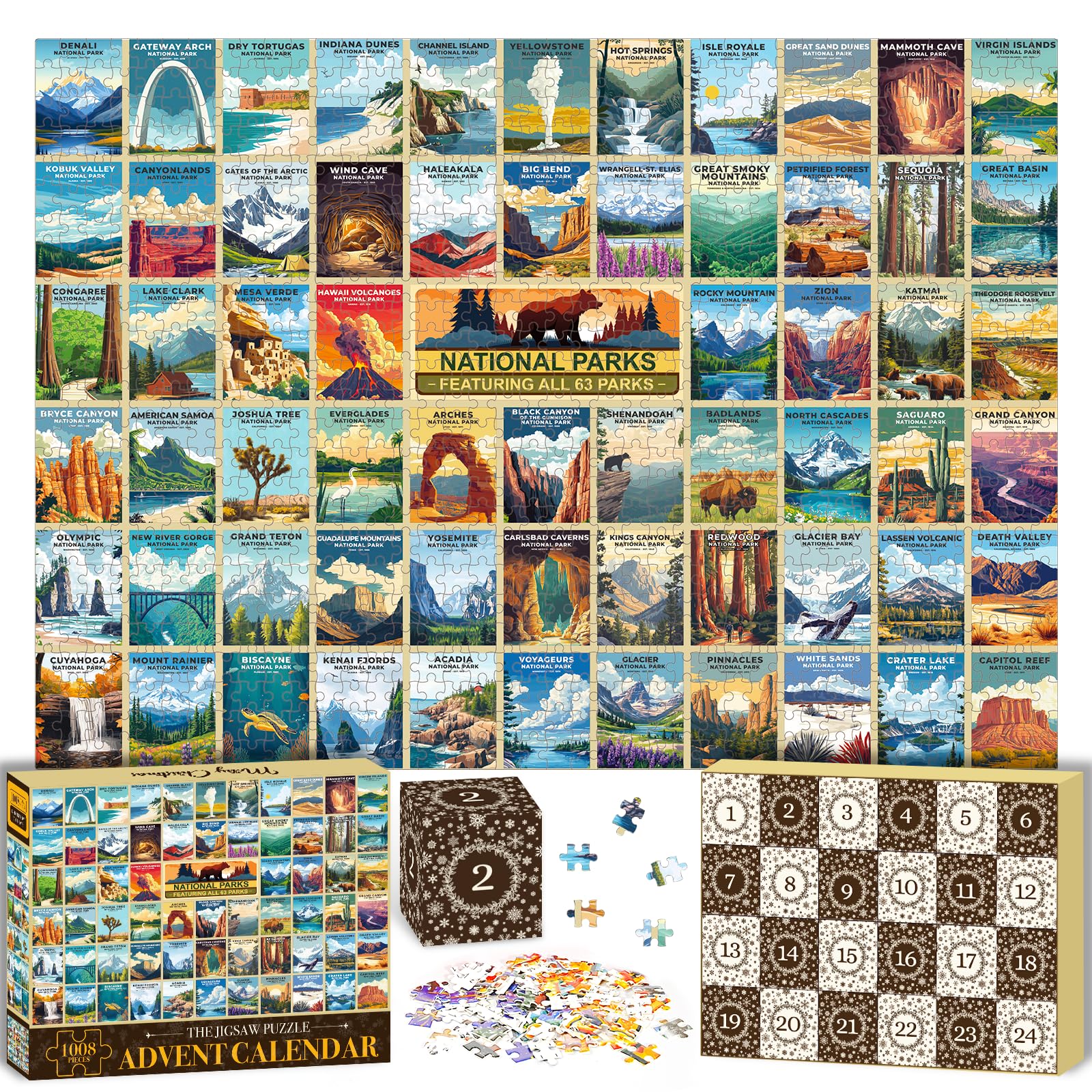 National Park Puzzle Advent Calendar 2025 Adults Teen, 1008 Pieces Coutdown to Christmas Calendar with 63 Travel Poster Landscap