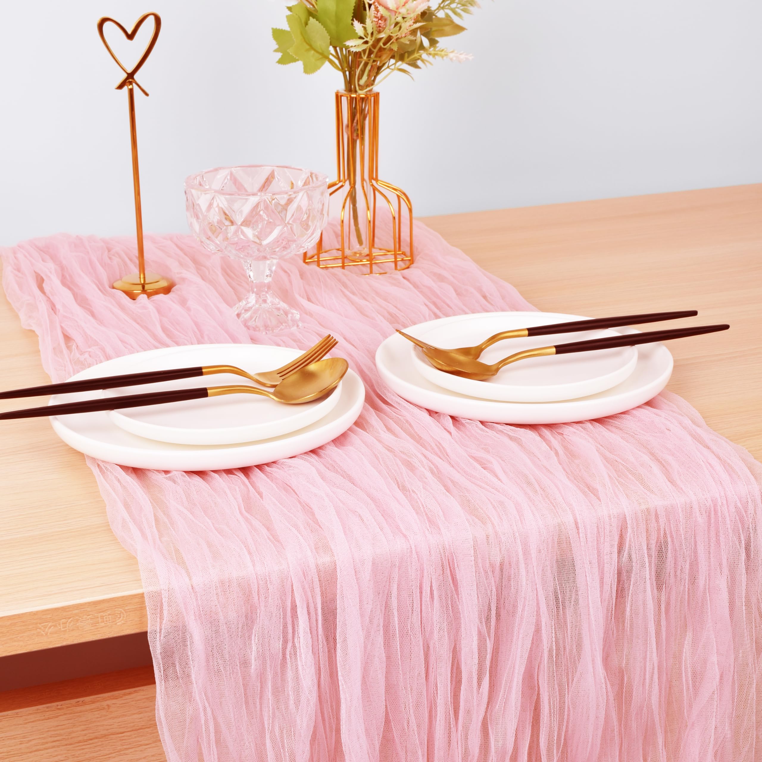 Joanlody Blushing Pink Cheesecloth Table Runner 10Ft Rustic Gauze Cheese Cloth Table Runner Boho Easter Spring Summer Table Runn
