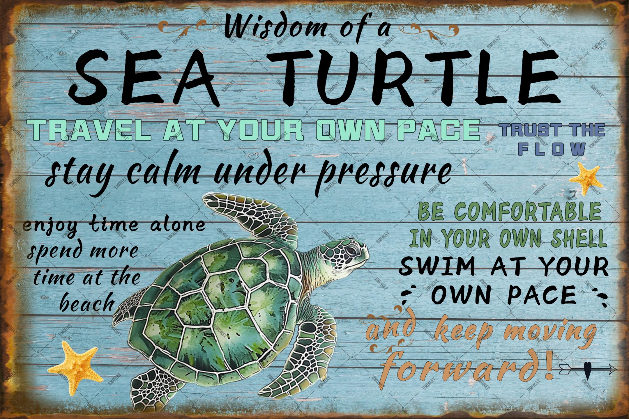 EMOHAT Sea Turtle Crossing Metal Tin Sign Wisdom Of A Sea Turtle Coastal Beach Wall Art Posters for Home Man Cave Gifts 12x8 Inc