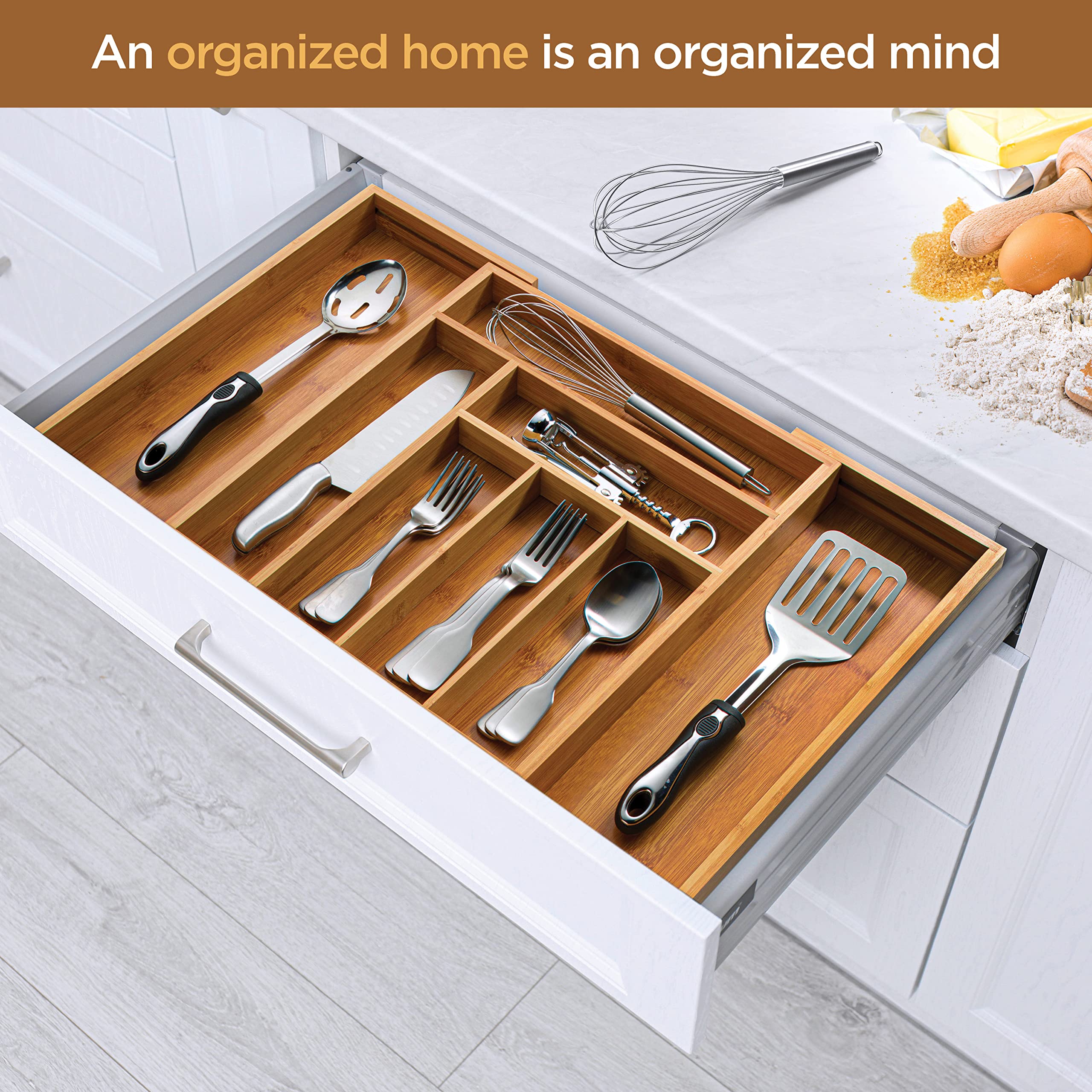 Bambsi Expandable Silverware Organizer - Bamboo Kitchen Drawer Organizer, Utensil Holder - Drawer Organization And Storage In Ki