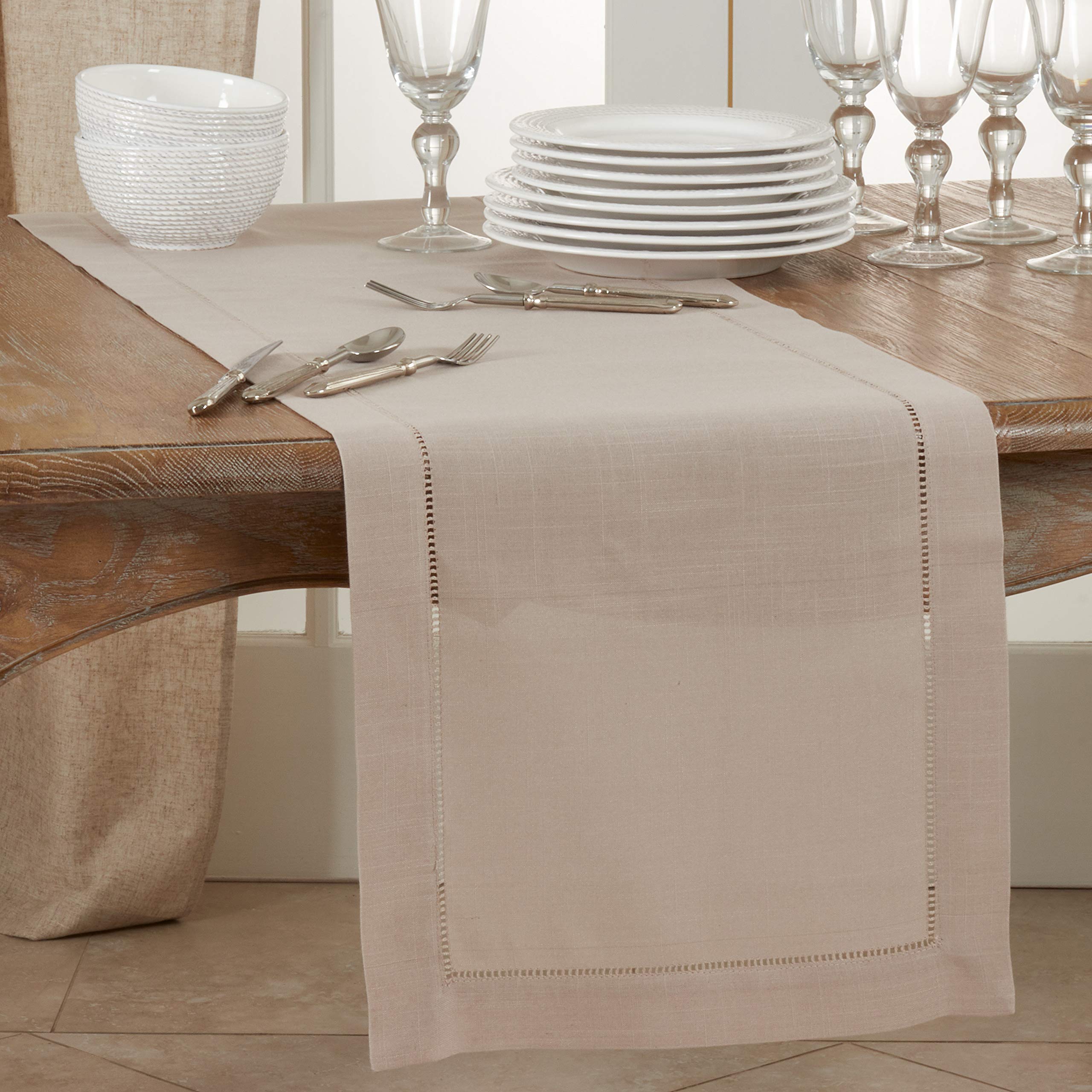 Saro Lifestyle Hemstitched Border Table Runner, Taupe, 16''X120''