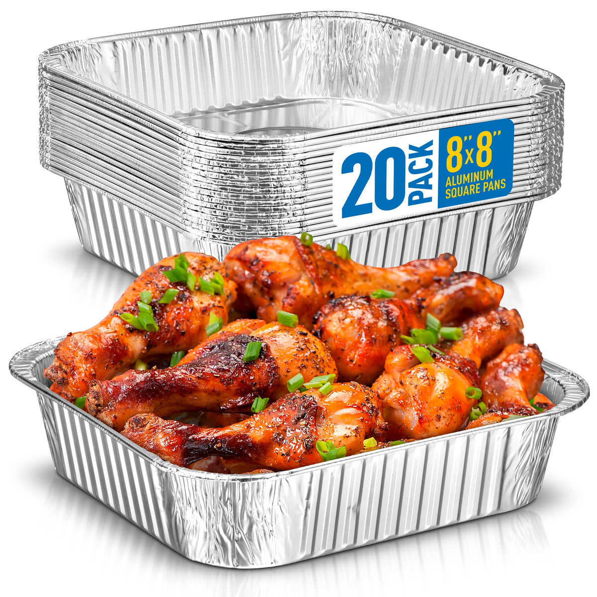 8X8 Disposable Aluminum Pans - 20 Pack Foil Pans For Cooking, Baking Cakes, Roasting & Homemade Breads - Disposable Food Contain