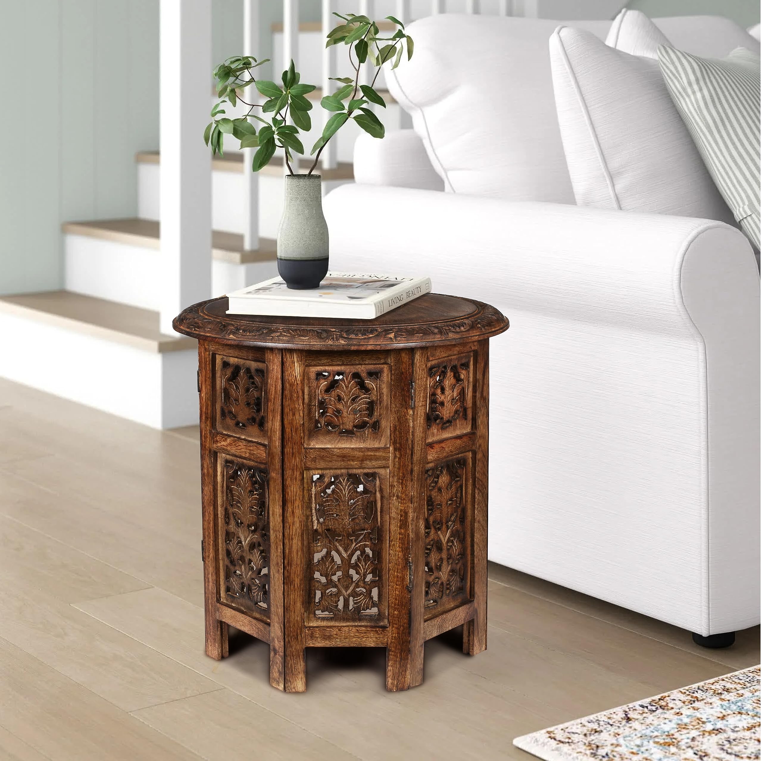 Lightnpro Handcrafted Wooden Round Accent Table - Vintage Farmhouse Octagonal Side End Table with Intricate Carvings for Living Room, Bedroom, Entryway - 18x18 Inch - Burnt-New Condition