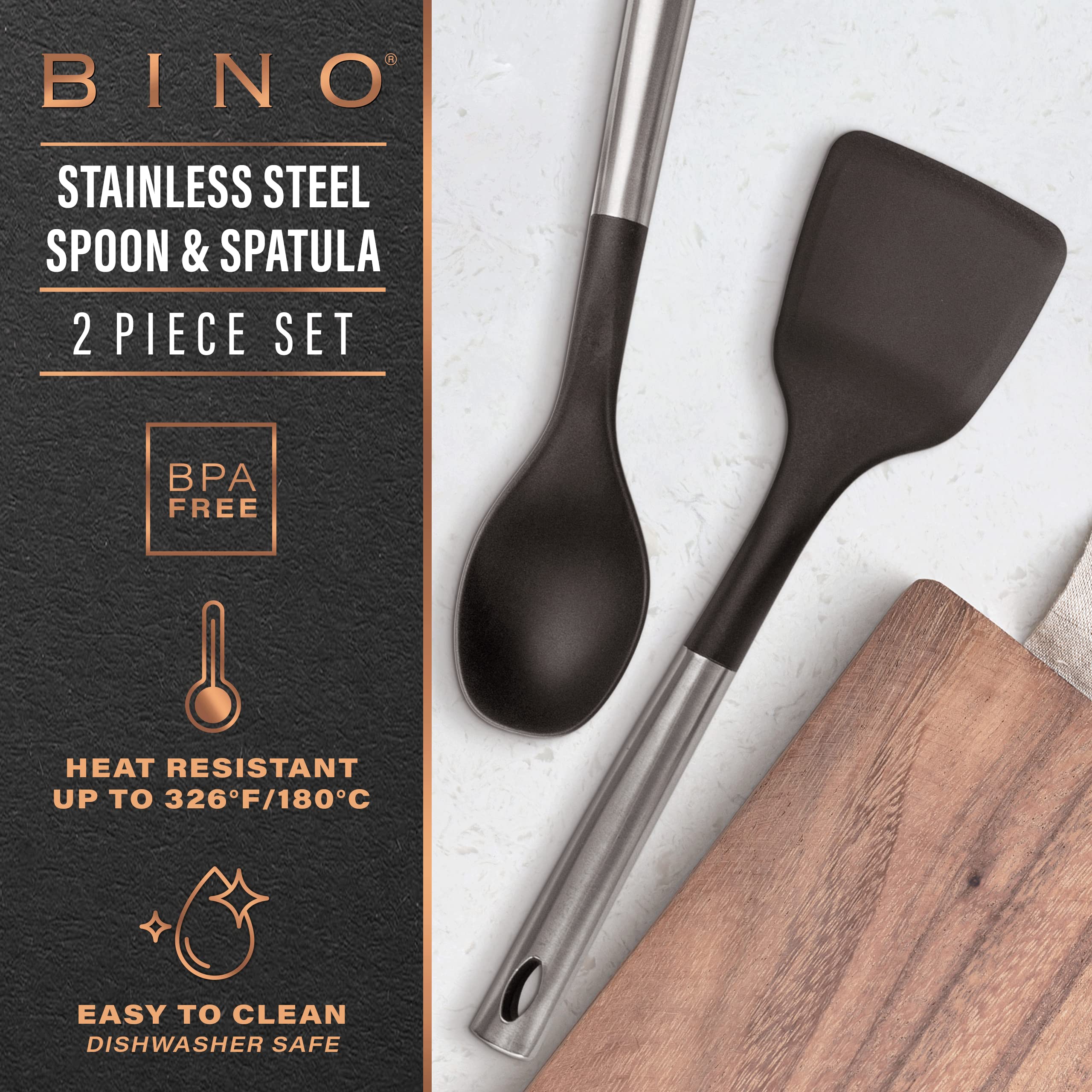 Bino 2-Piece Spoon & Turner Set With Stainless Steel Handles - Black | Heat Resistant Bpa-Free Nonstick Cookware | Cooking Mixin