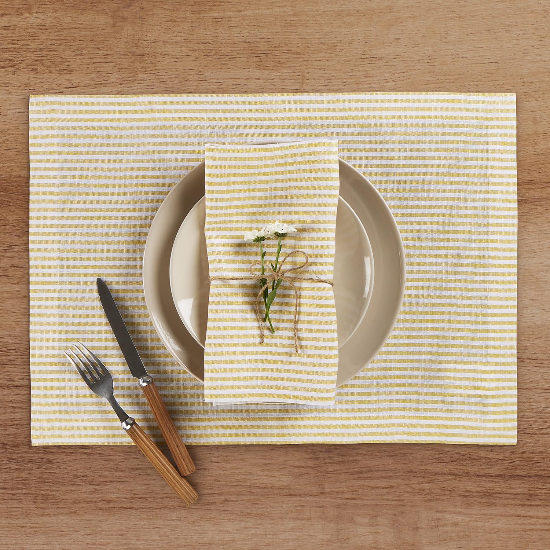 Solino Home Stripe Linen Dinner Napkins 20 X 20 Inch - 100% Pure Linen Spicy Mustard And White Cloth Napkins Set Of 4 For Spring
