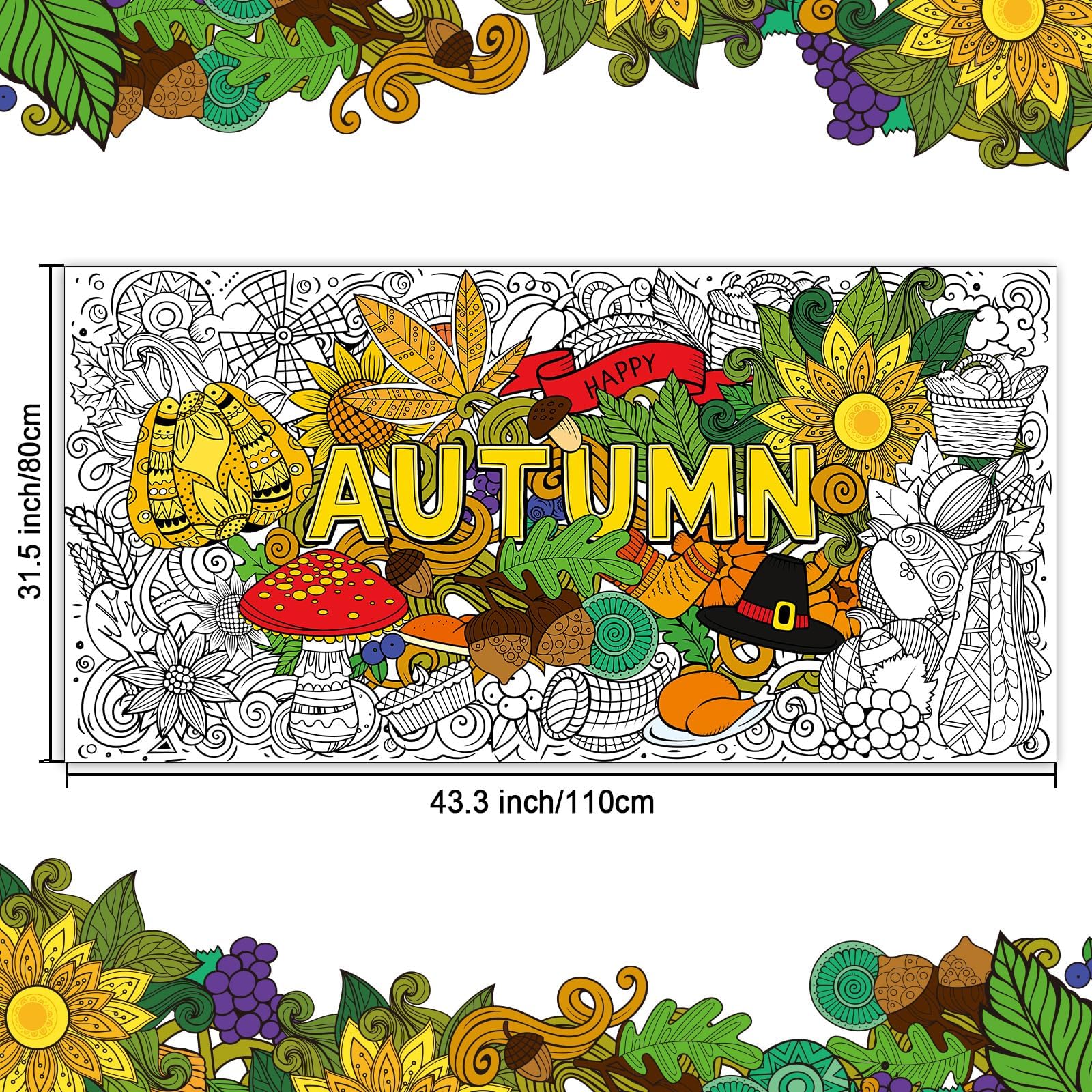 ZOIIWA Fall Coloring Poster Mandala Autumn Giant Coloring Tablecloth Fall Jumbo Pumpkin Sunflower Leaves Coloring Pages for Kids