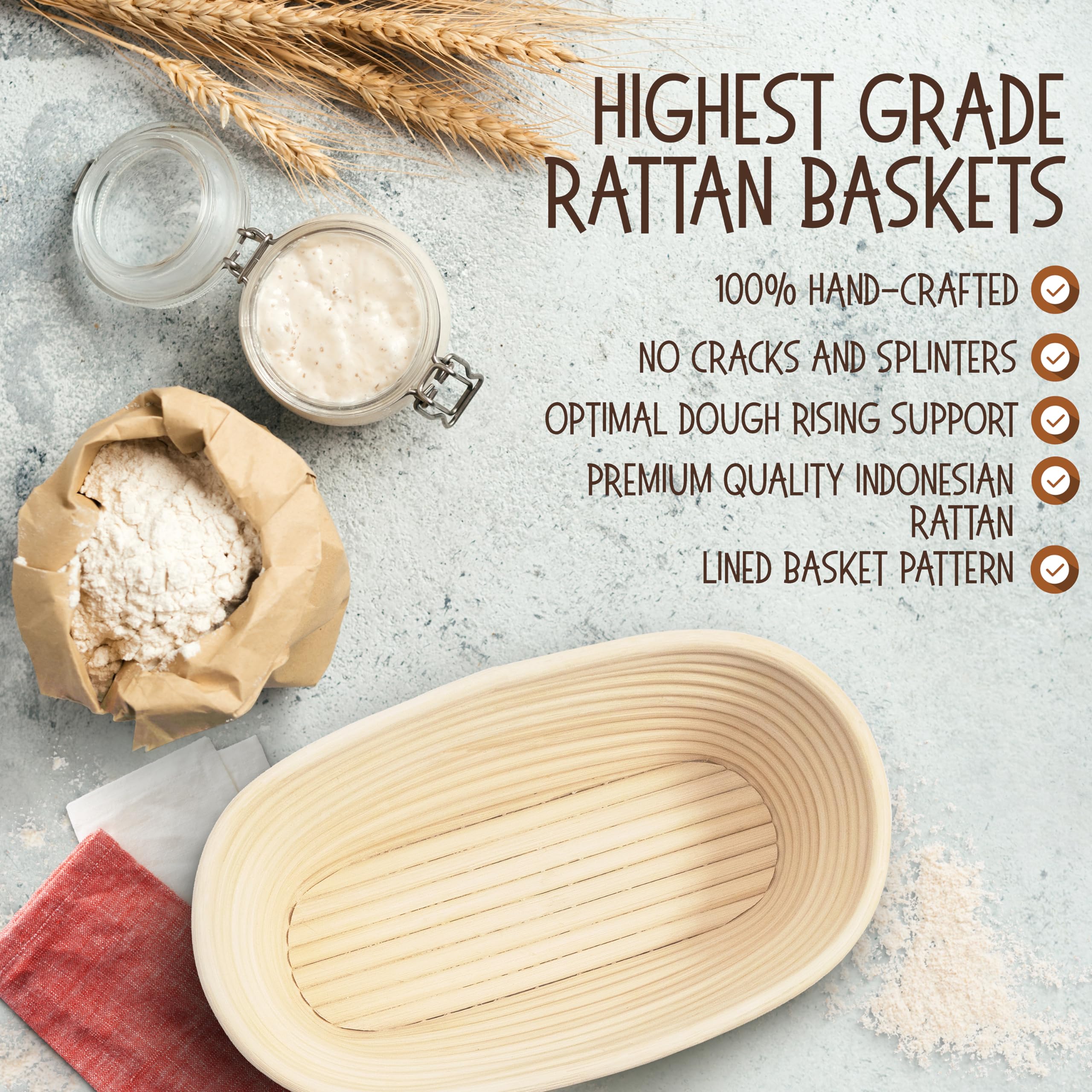 Superbaking 10 Oval Banneton Bread Proofing Basket Gift Set - Sourdough Starter Kit for Crusty Artisan Style Loaves, Includes Es
