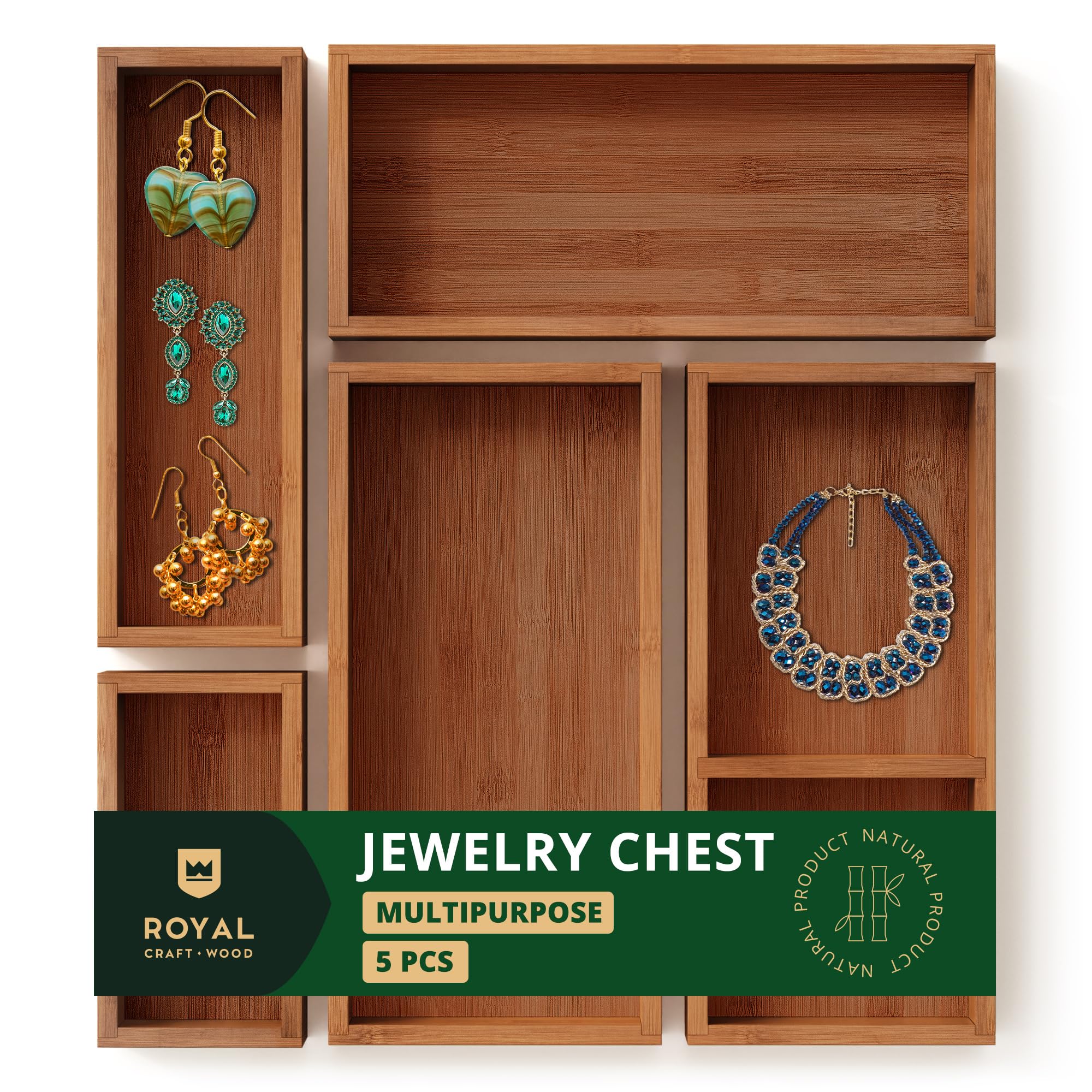 Royal Craft Wood Luxury Bamboo Jewelry Storage Chest - Multi-Use Wooden Treasure Chest Set (5 Boxes) For Jewelry And Home Organi