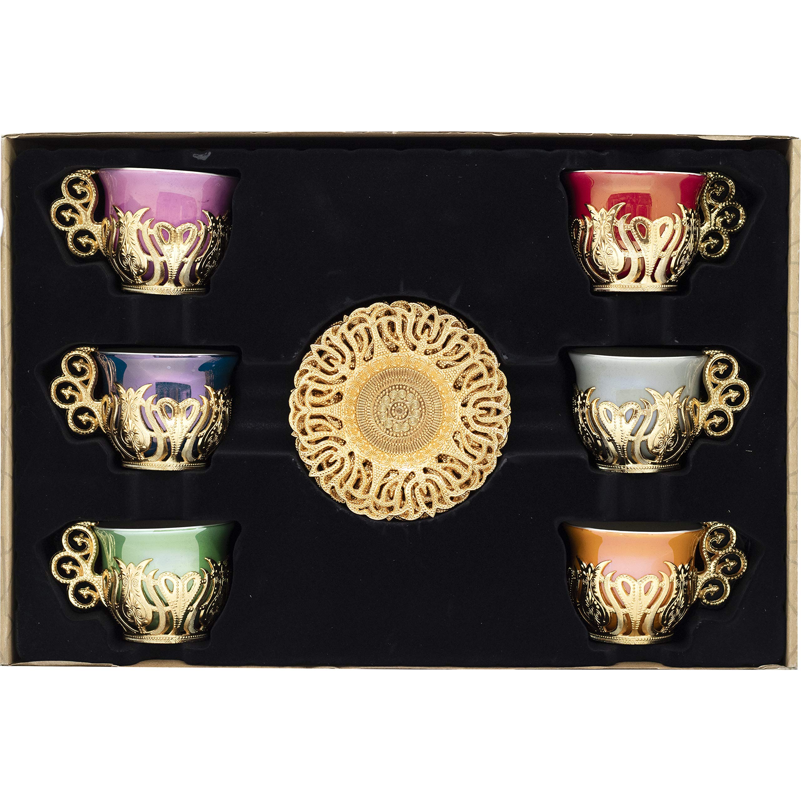 Alisveristime 12 Pc Turkish Greek Arabic Coffee Espresso Cup Saucer Porcelain Set (Gold Mix Color)