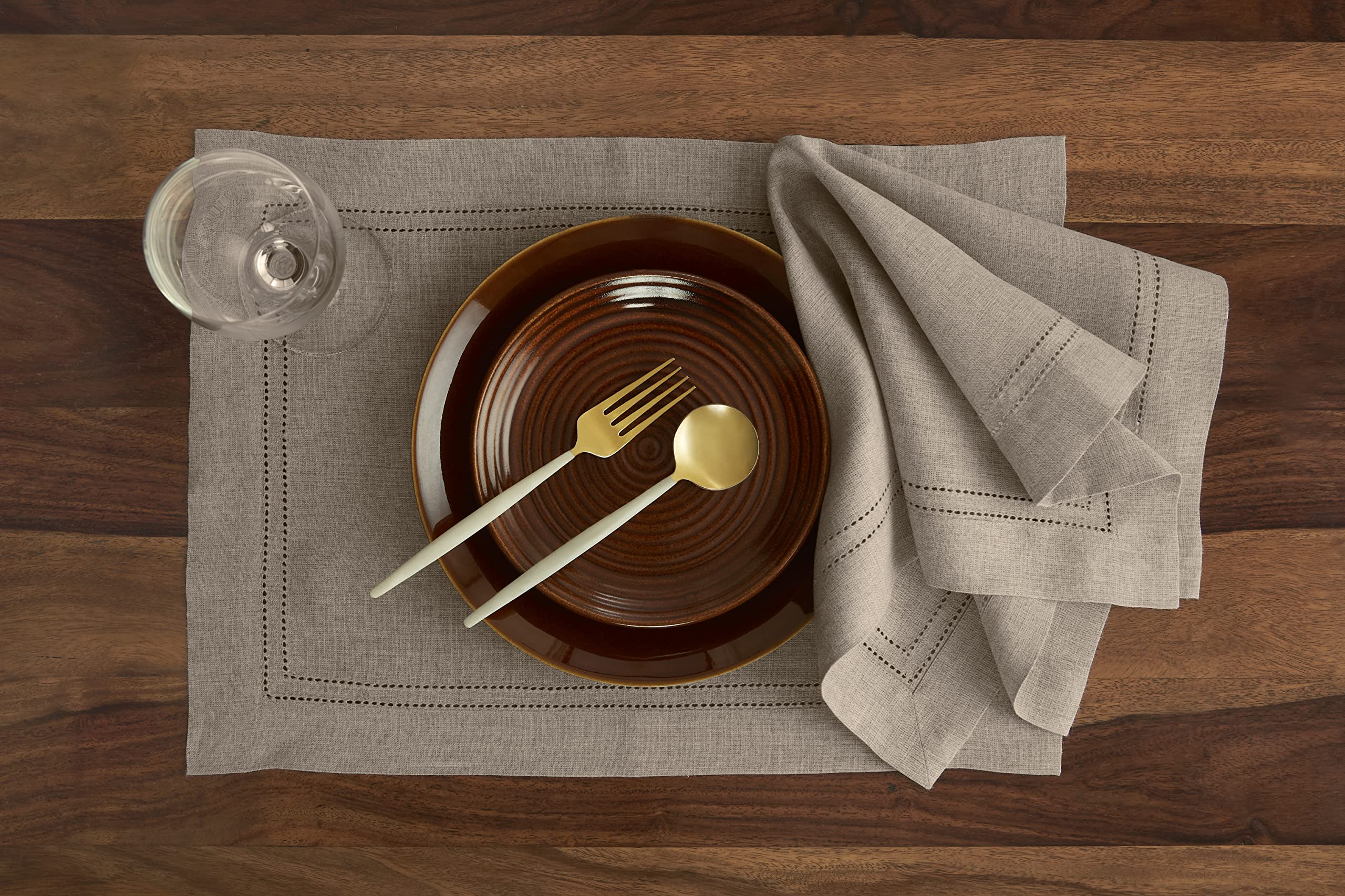 Solino Home Linen Placemats 19'' L X 14'' W Inch - 100% Pure Linen Natural Cloth Placemats Set Of 4 - Linen Double Hemstitch Was