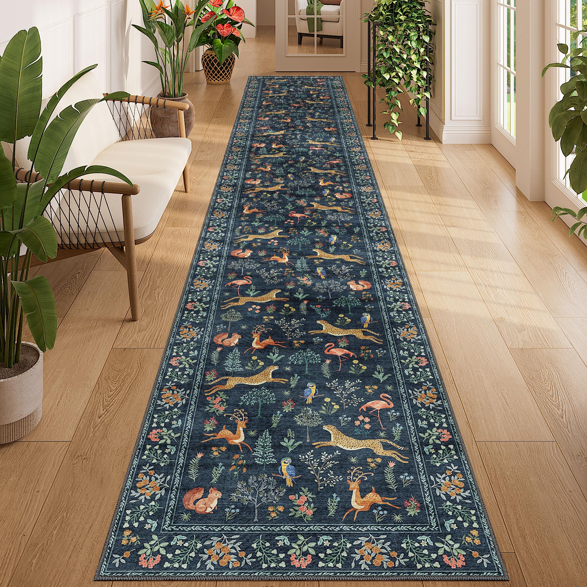 DUKINO 2x12 Washable Runner Rug, Ultra Soft Vintage Animal Runner Rug for Hallway, Lightweight Non Slip & Non Shedding Loog Carp
