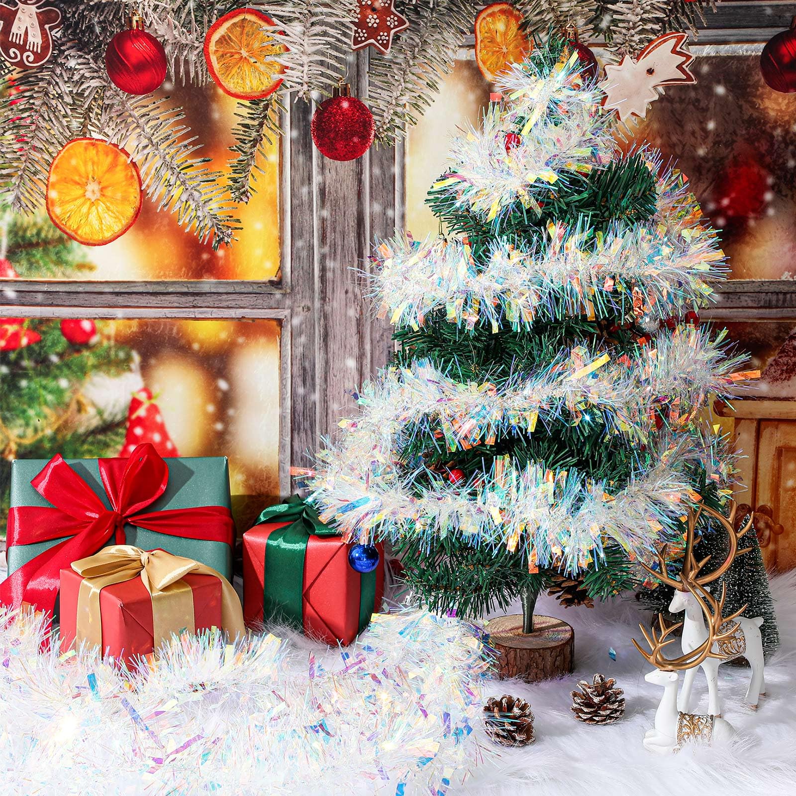 Yuxung 49.2 ft Christmas Tinsel Garland Iridescent White Metallic Garland Light Glittering Decoration for Valentine Birthday Wed