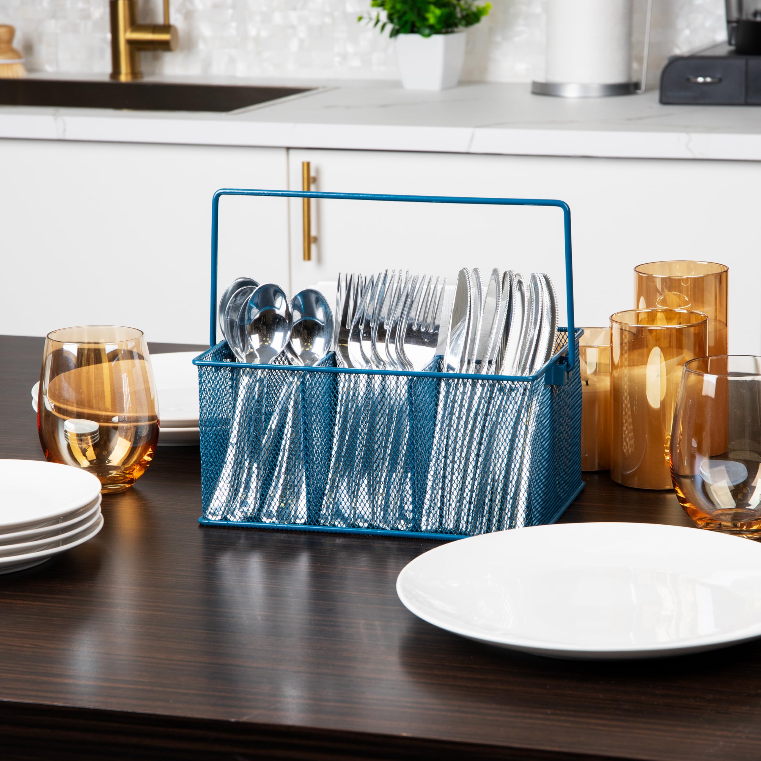 Mind Reader Storage Basket Organizer Utensil Holder, 4 Compartments, Turquoise