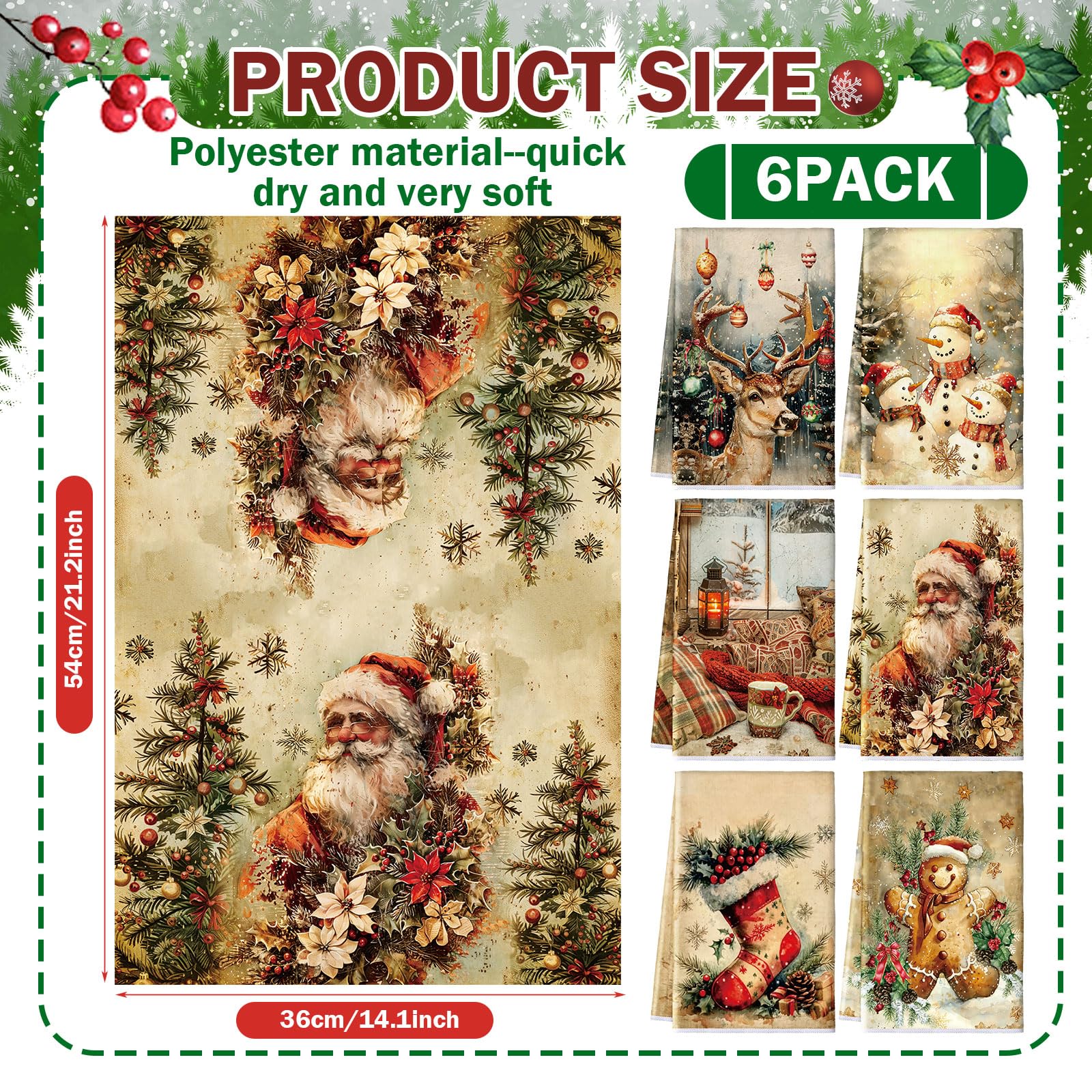 Hosuly 6 Pcs Christmas Kitchen Towels Hand Towels Christmas Snowman Santa Elk Dish Cloth Xmas Tree Cloth Housewarming Gifts for