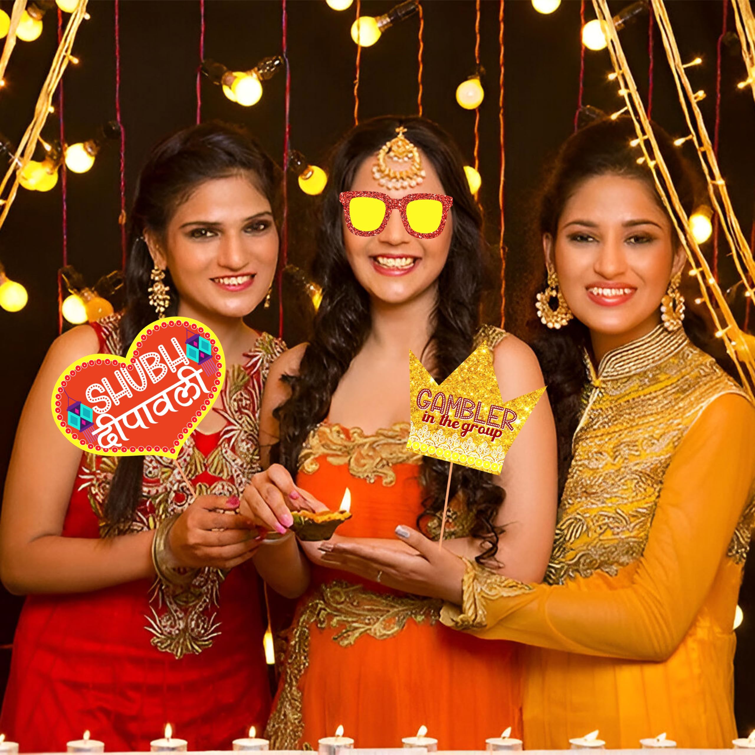 WOBBOX Diwali Decoration Happy Diwali Photo Booth Party Props, Yellow & Orange Colour, Diwali Decoration Item, Diwali Dcor Items