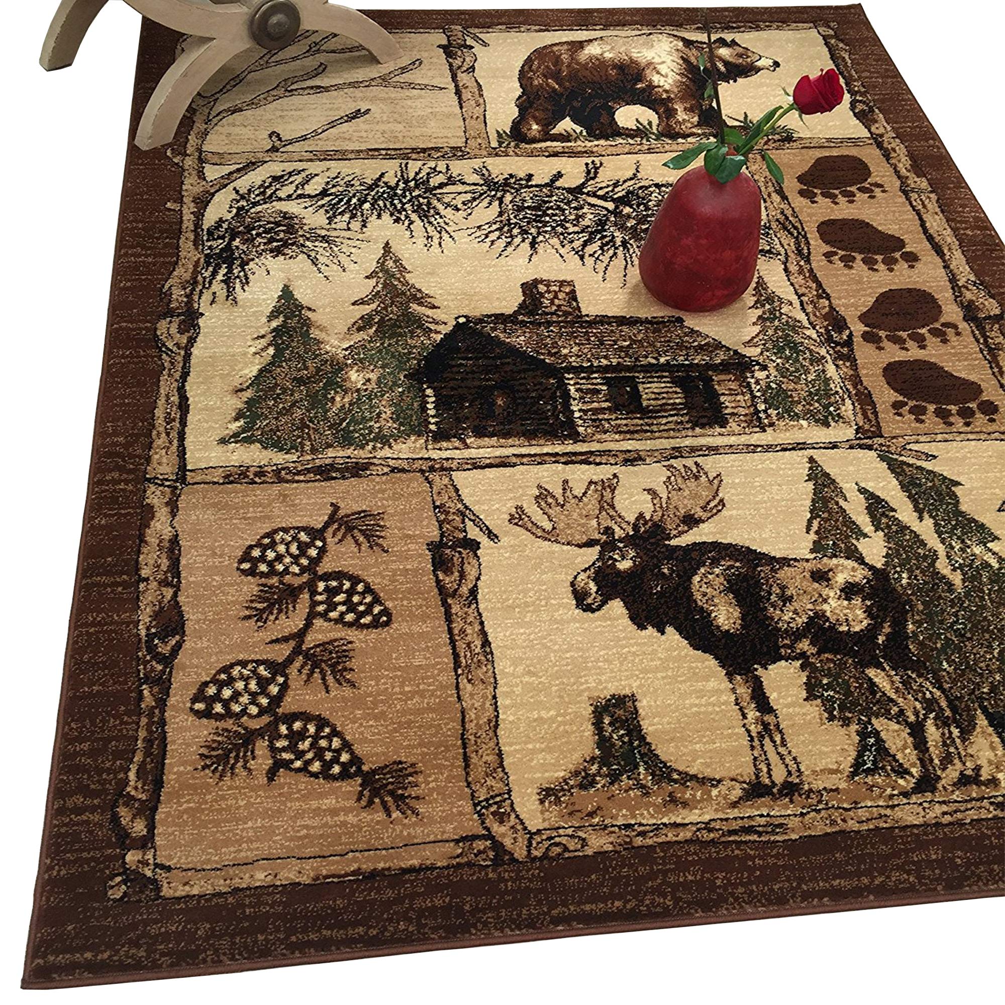 HR Cabin Rug-Lodge, Cabin Nature and Animals Area Rug-Modern Geometric Design Cabin Area Rug-Abstract, Multicolor Design- Moose/