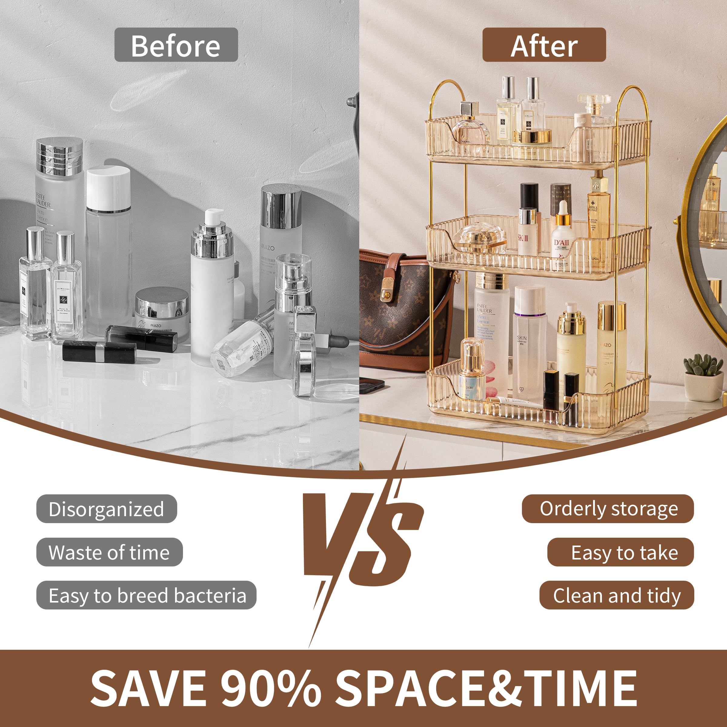 Ycia&Done Bathroom Organizer Countertop 3 Tiers, Makeup Organizer Counter Storage, Skincare Cosmetics Shelf, Perfume Holder For