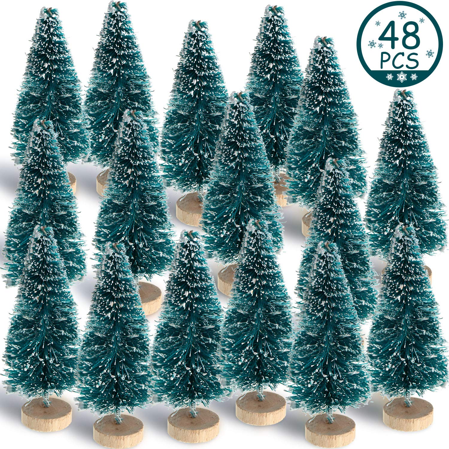 Sumind 48 Pieces Mini Christmas Trees Bottle Brush Trees Plastic Artificial Winter Sisal Mini Pine with Wooden Base Snow Frost T