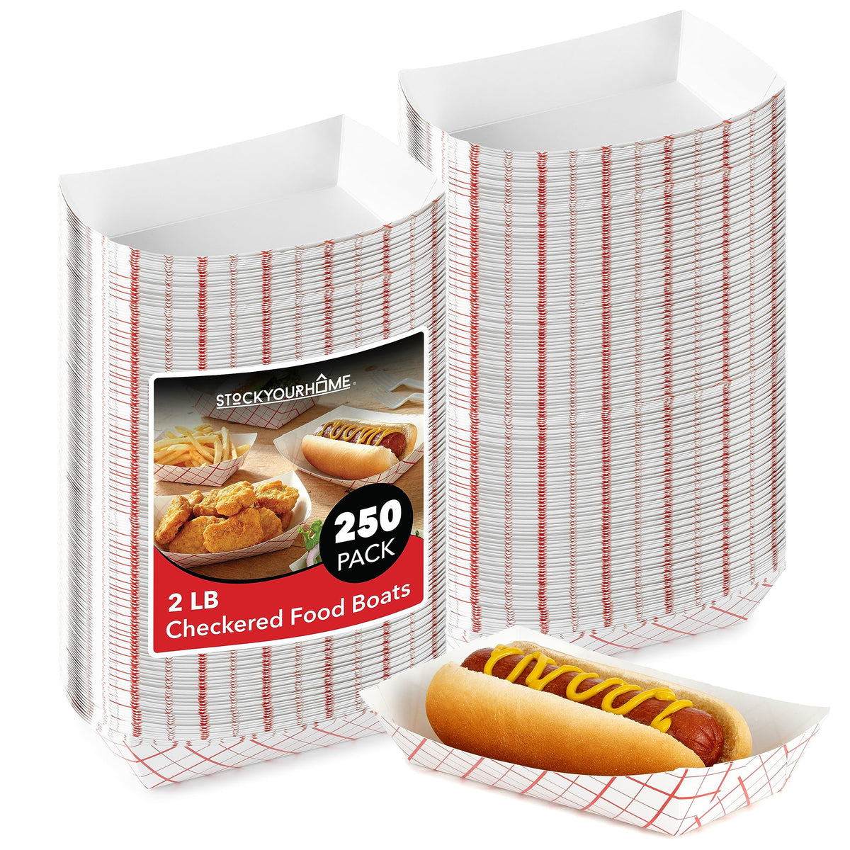 Medium Paper Food Boats (250 Pack) 2 Lb Disposable Red & White Checkered Paper Food Trays, Eco Friendly Paper Food Trays, Servin
