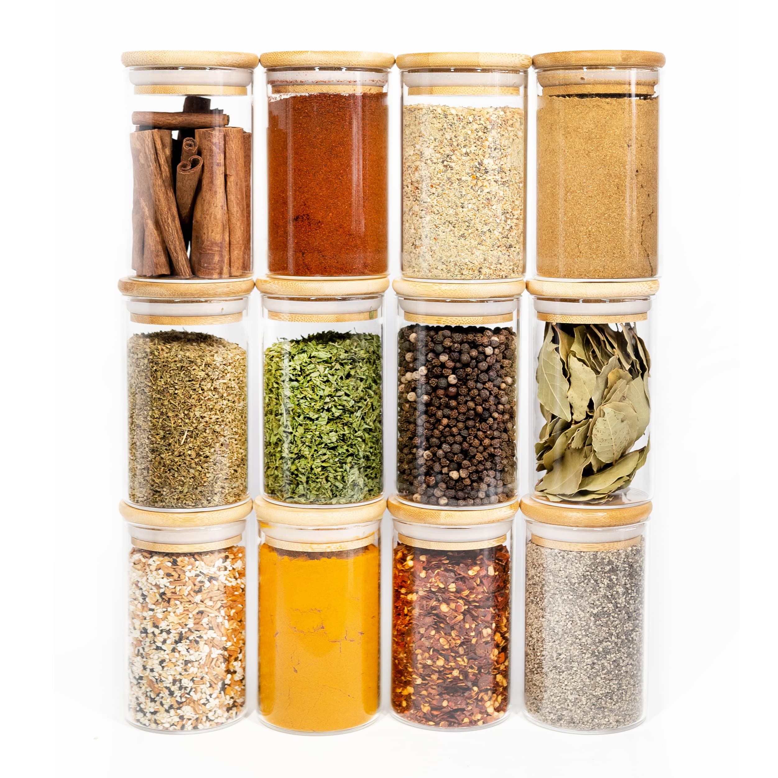 Savvy & Sorted 12 Natural Bamboo Spice Jars | Large Spice Jars With Bamboo Lids | Seasoning Containers Glass Jars With Airtight