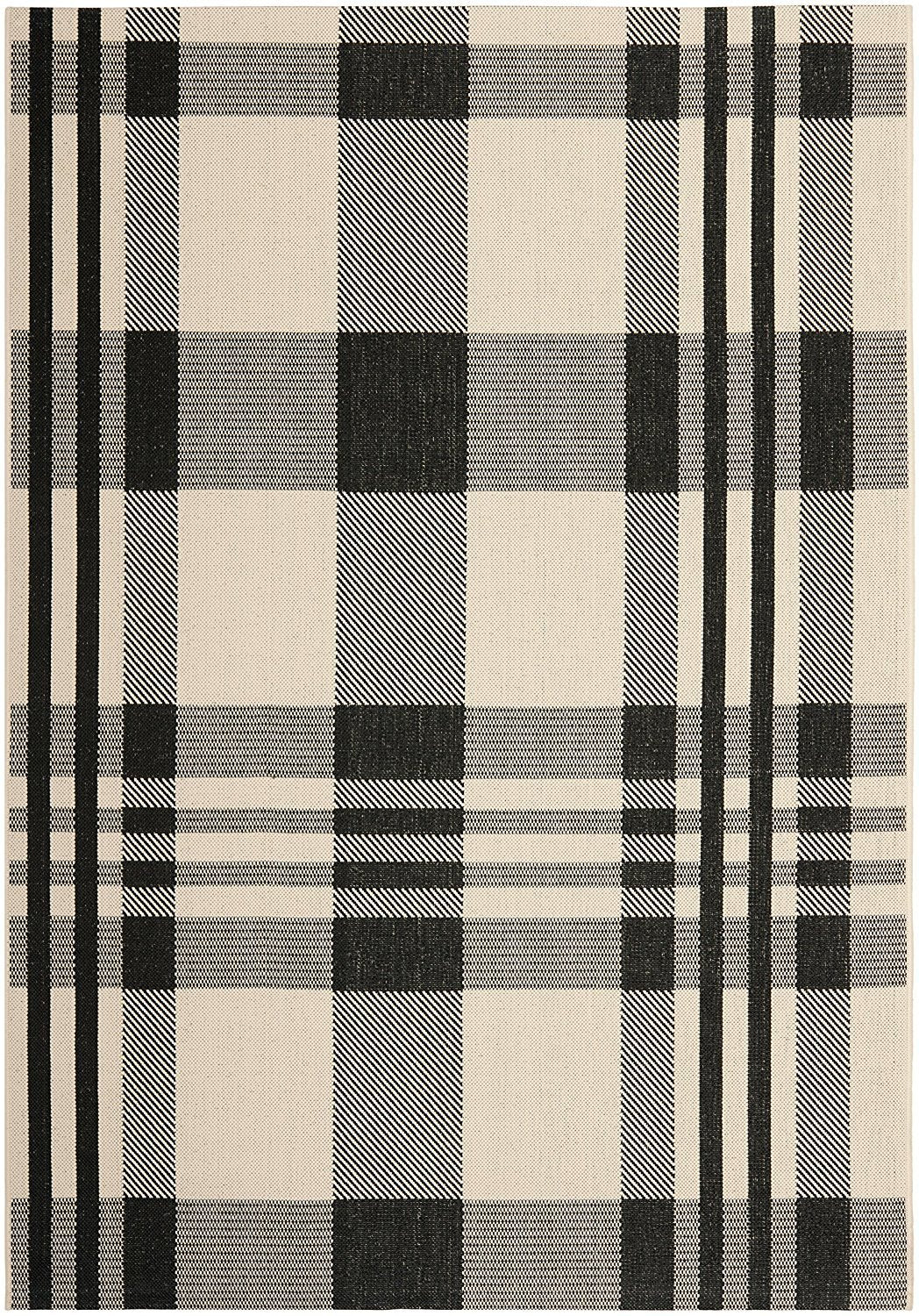 SAFAVIEH Courtyard Collection Accent Rug - 4 x 57, Black & Bone, Plaid Design, Non-Shedding & Easy Care, Indoor/Outdoor & Wash