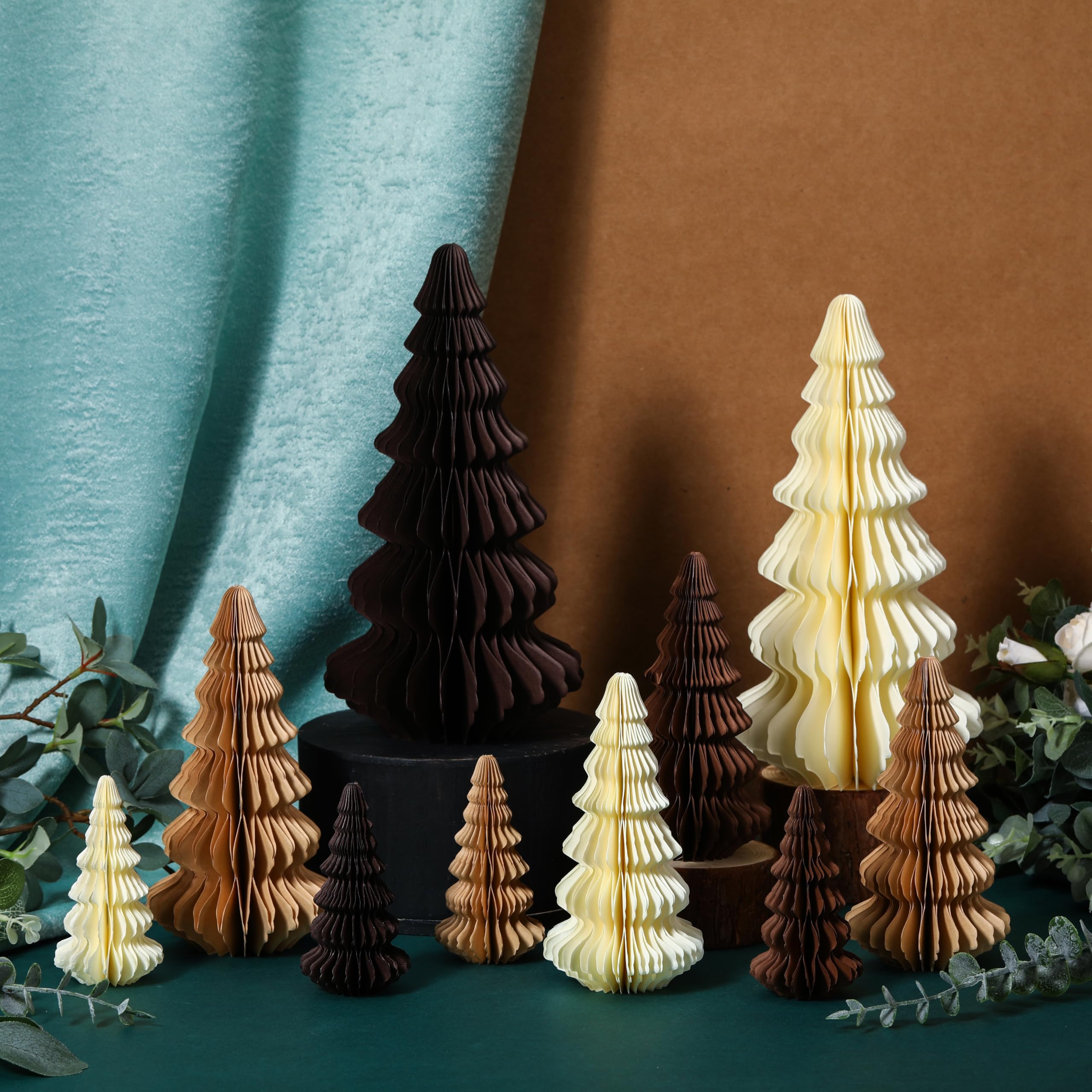 Fullhawl 10 Pcs Paper Christmas Trees Neutral Honeycomb Christmas Trees 4/6/ 7/10 Inch 3D Honeycomb Xmas Paper Cozy Table Orname