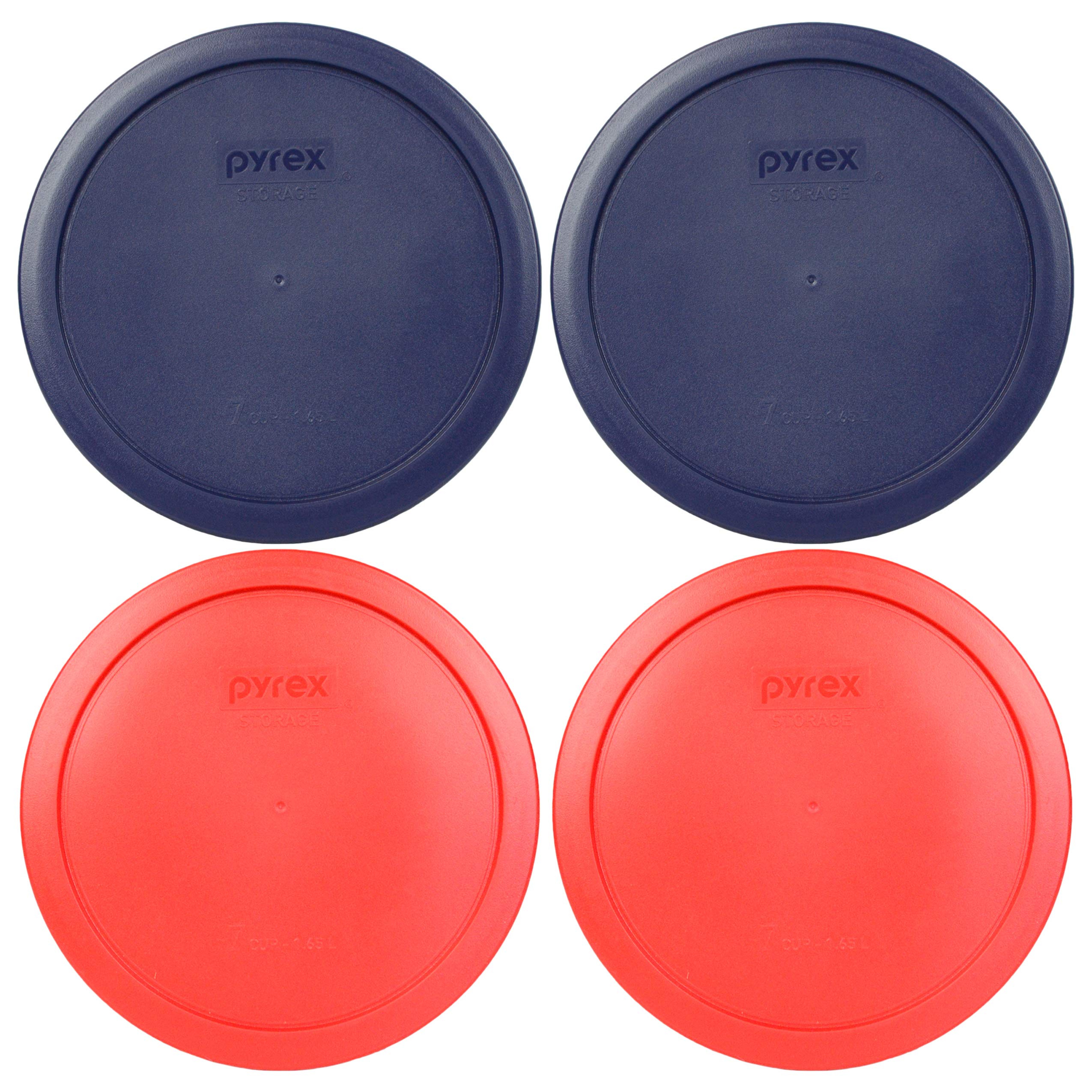 Pyrex 7402-Pc 6/7 Cup (2) Blue & (2) Red Round Plastic Storage Lids, Made In Usa