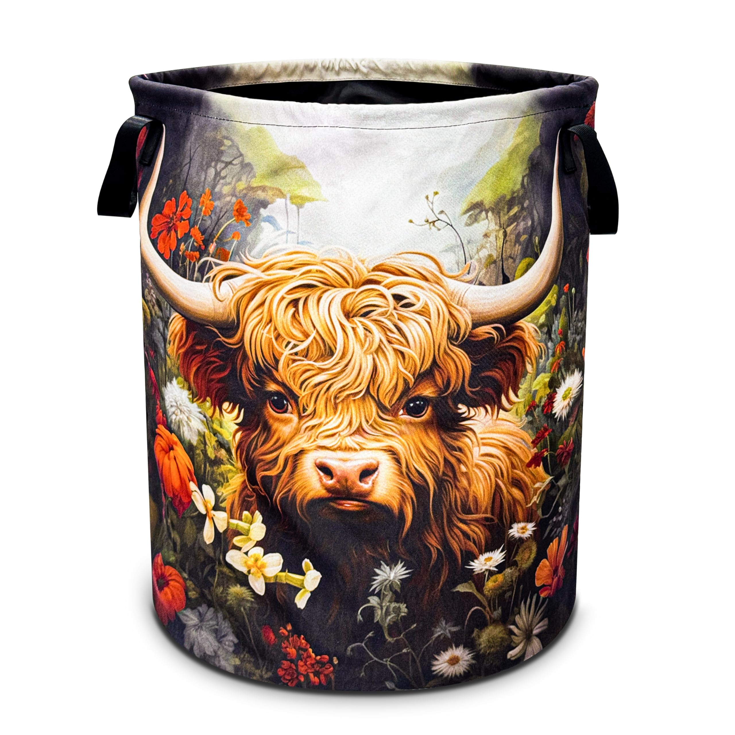 Highland Cow Flowers Laundry Basket Cattle Foldable Oxford Cloth Funny Tote Bag Laundry Hamper Clothes Storage Bucket Toy Organi