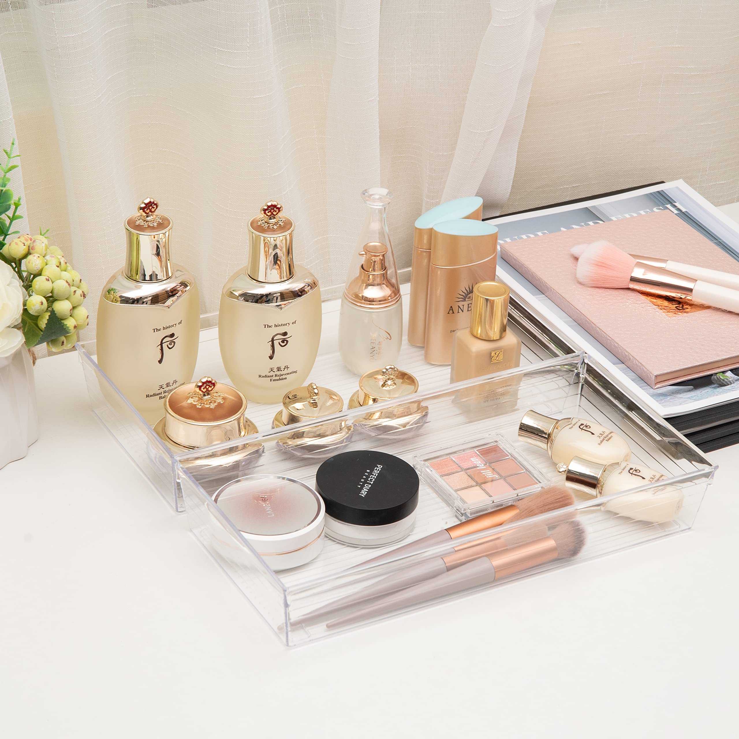 Backerysupply 4 Pack Storage Bins For Bathroom Cosmetic Makeup Vanity Clear Plastic Desk Drawer Organizers Tray Kitchen Utensils