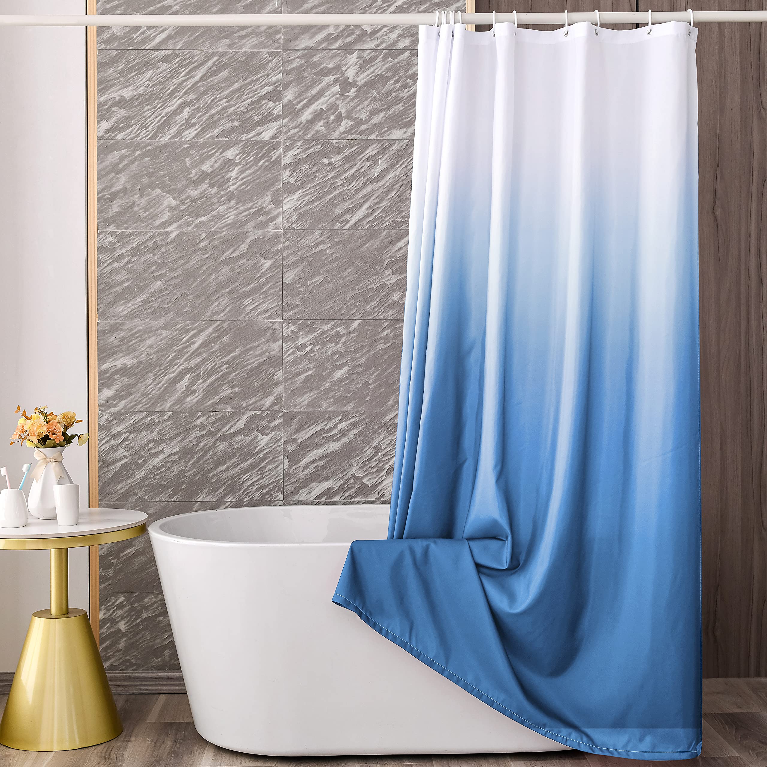 YI & ZE Ombre Shower Curtain Sets for Bathroom Accessories Fabric Polyester Waterproof Modern Shower Curtain Liner with 12 Hooks Navy Blue W72xL72