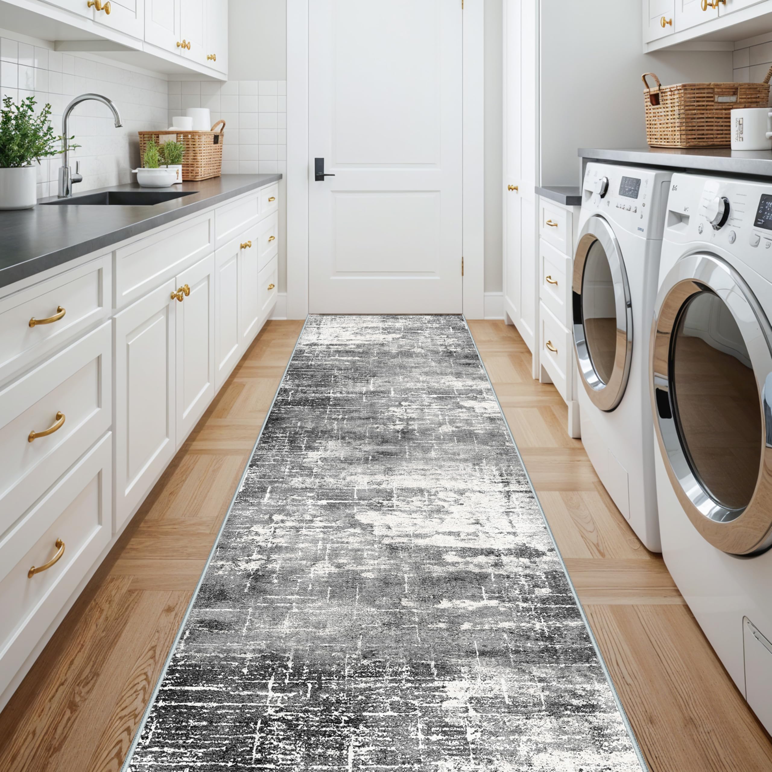 Washable 12ft Kitchen Area Rug: Abstract Entryway Rug Runner Soft Bedroom Besides Floor Mat Non-Slip Indoor Carpet for Bathroom