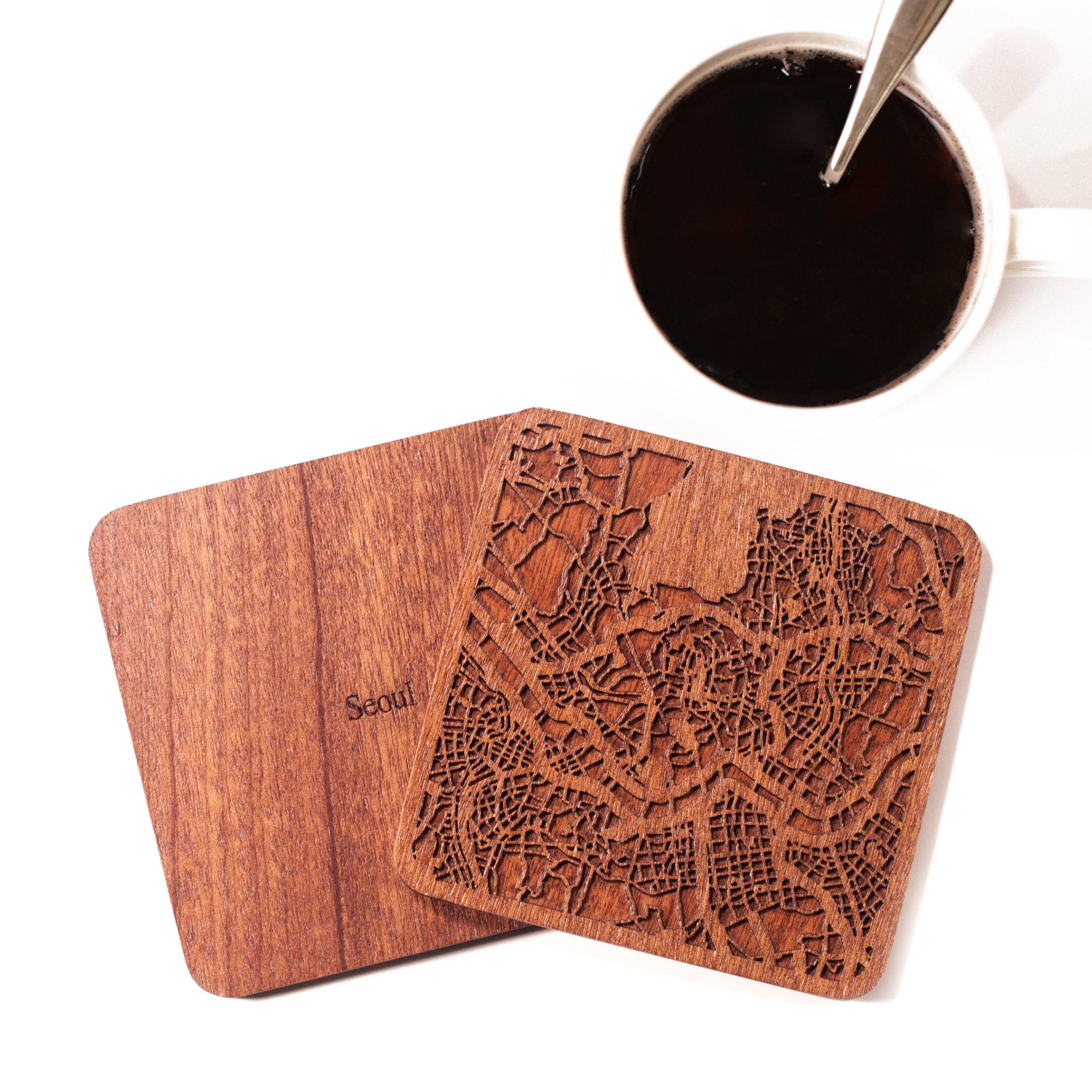 Seoul Map Coaster By O3 Design Studio, 1 Piece, Sapele Wooden Coaster With City Map, Handmade, Multiple City Optional
