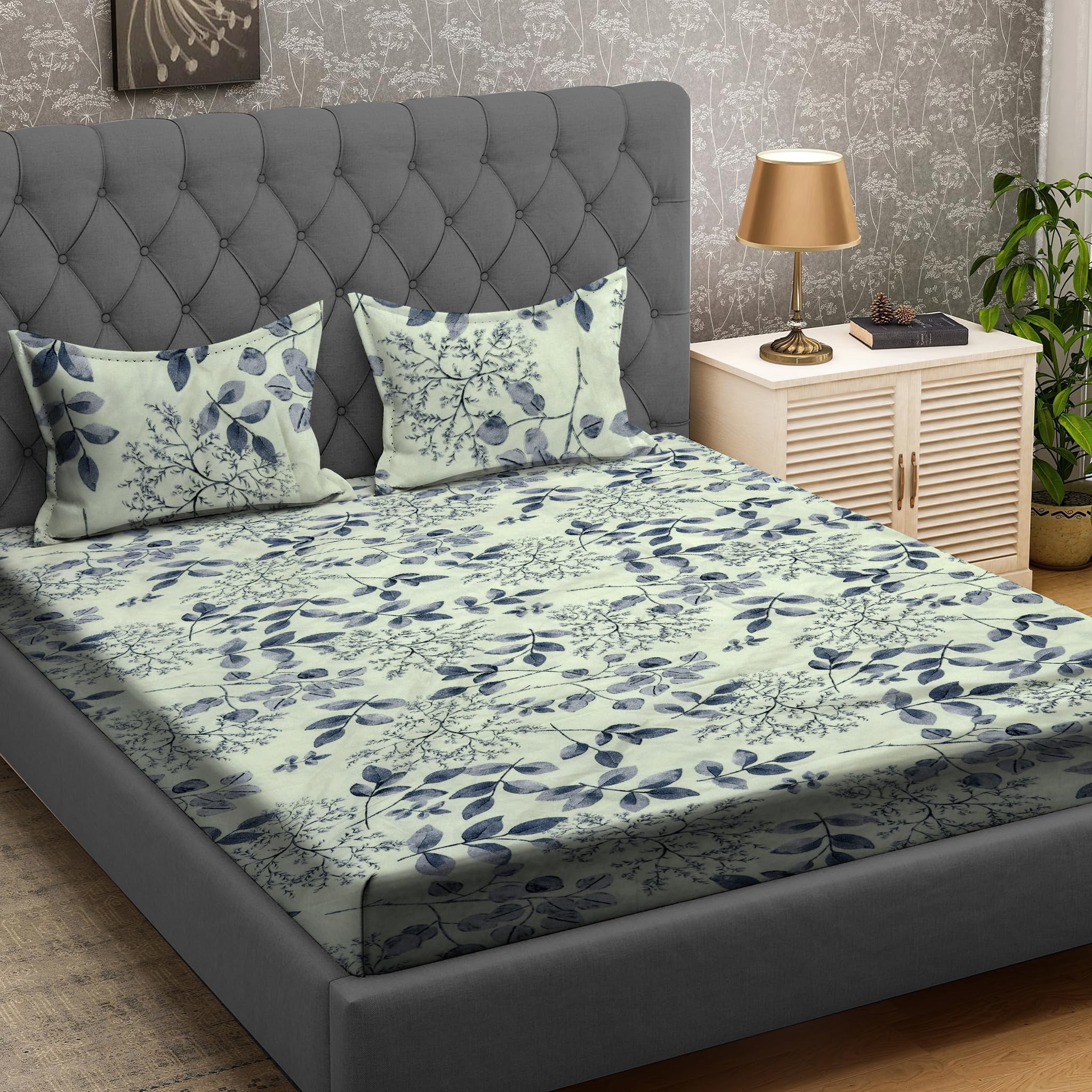 Rrc Gless Cotton Elegant Polycotton Elastic Fitted Bedsheet With 2 Pillow Covers,72X78 (Inches) Elastic On All Around Side To Gr