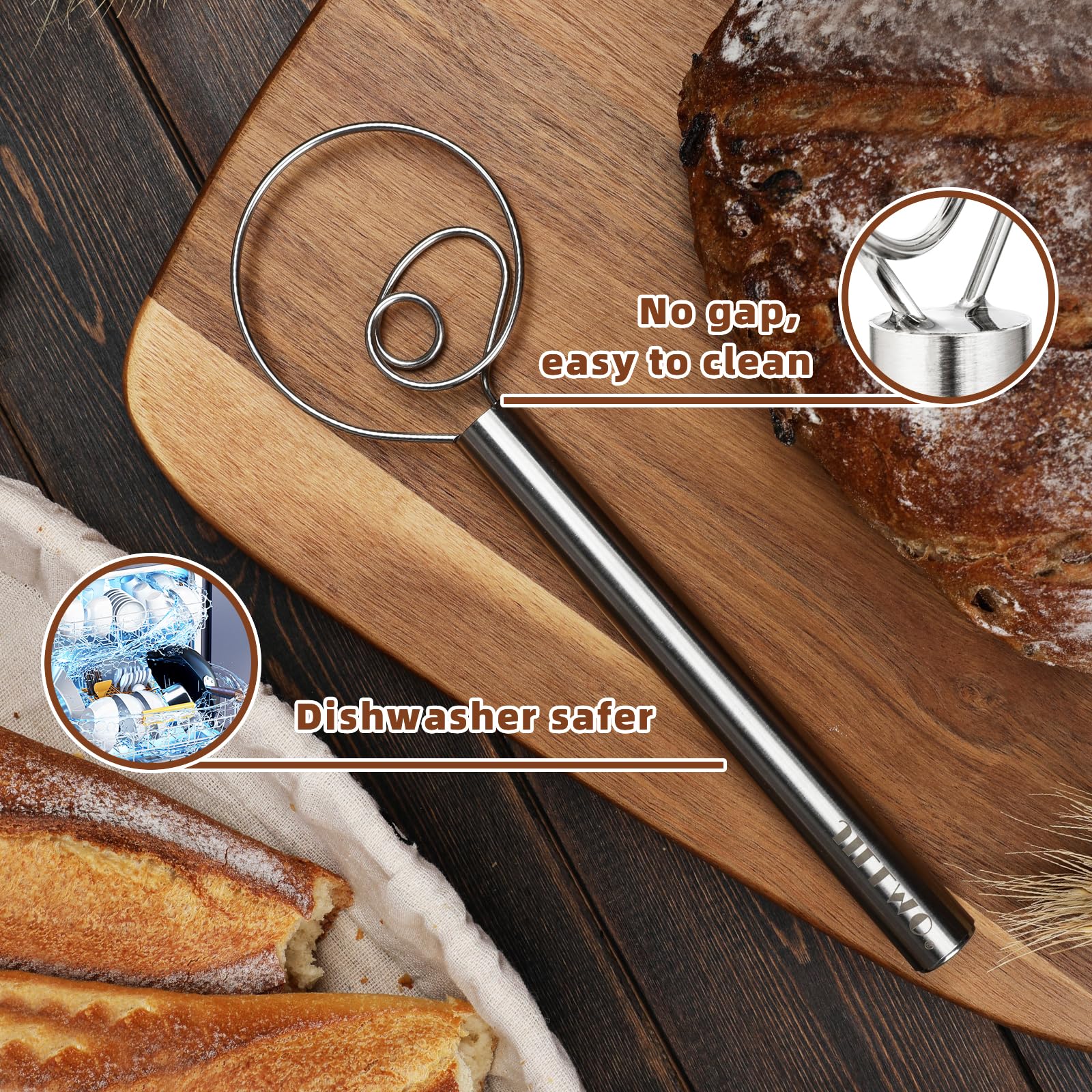 Jillmo Danish Dough Whisk, 12Inch Stainless Steel Bread Whisk