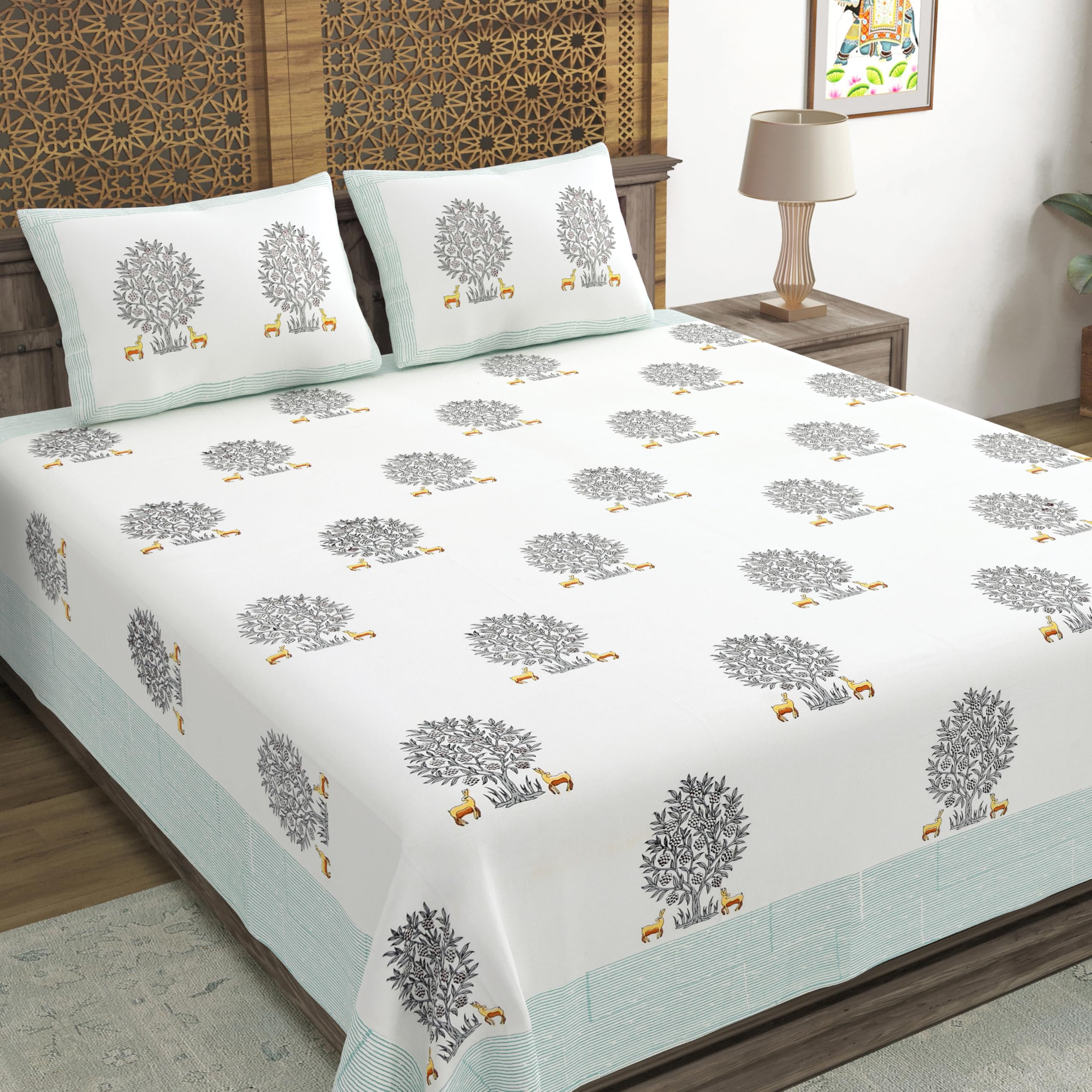 Blocks Of India Hand Block Printed 300 Tc Cotton Super King Size Bedsheet(106 X 106) (Life Green)