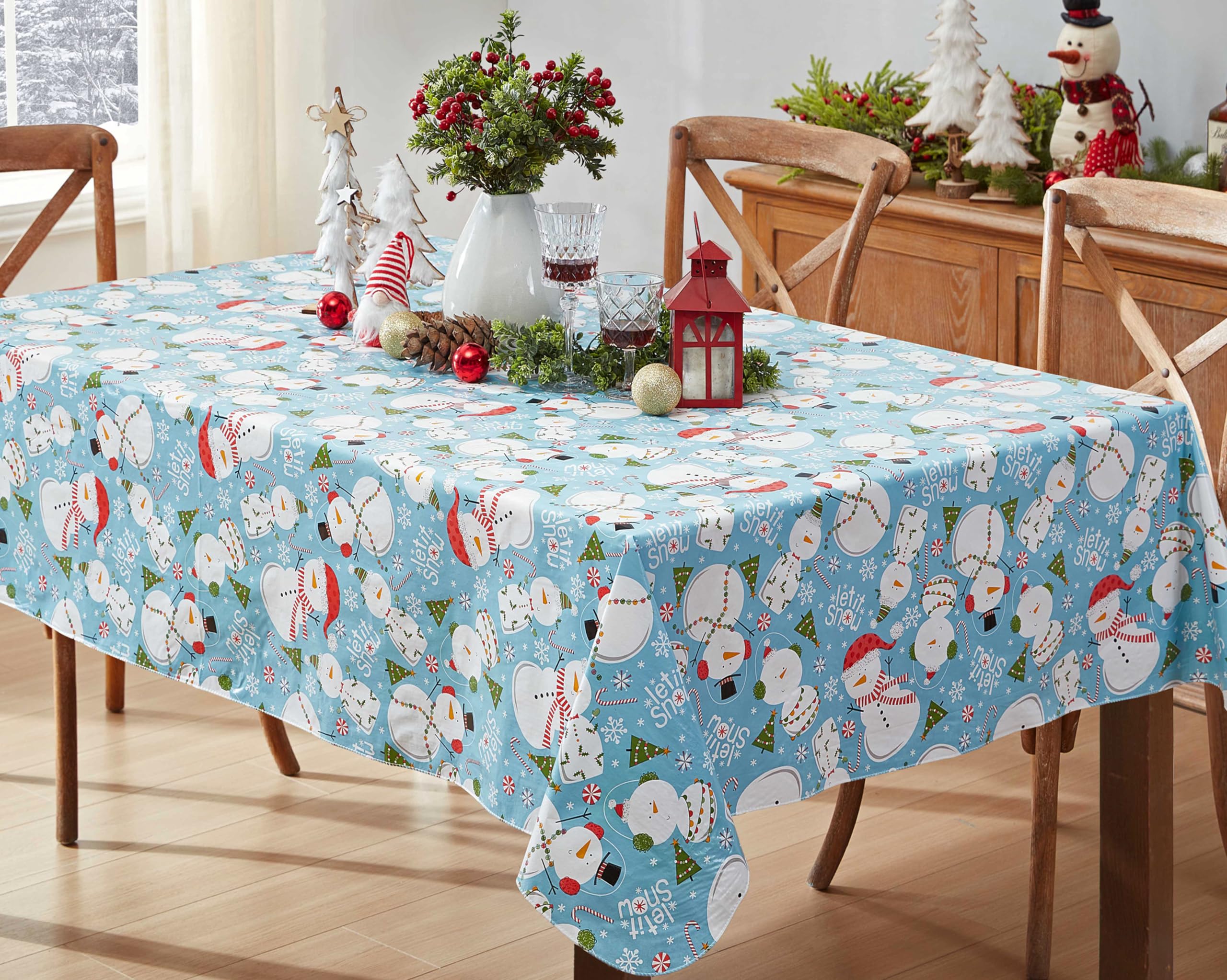 Let It Snow Blue Snowman Christmas Print Vinyl Flannel Backed Tablecloth by Newbridge, Winter Snowmen Xmas Tablecloth, (52 Inch 