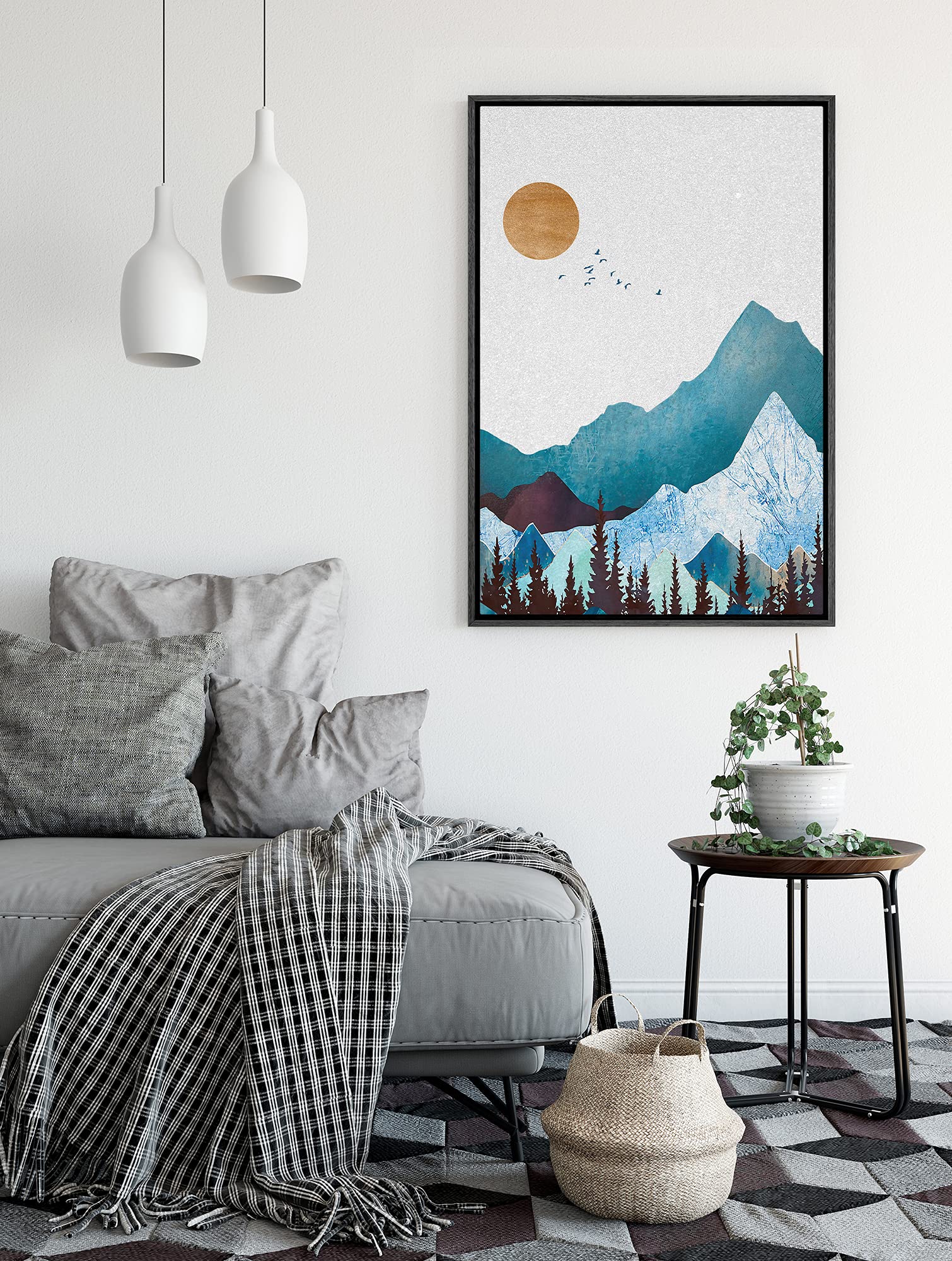 Signford Framed Canvas Print Wall Art Blue Mountains With Granite Effect & Sun Abstract Wilderness Illustrations Modern Art Cont