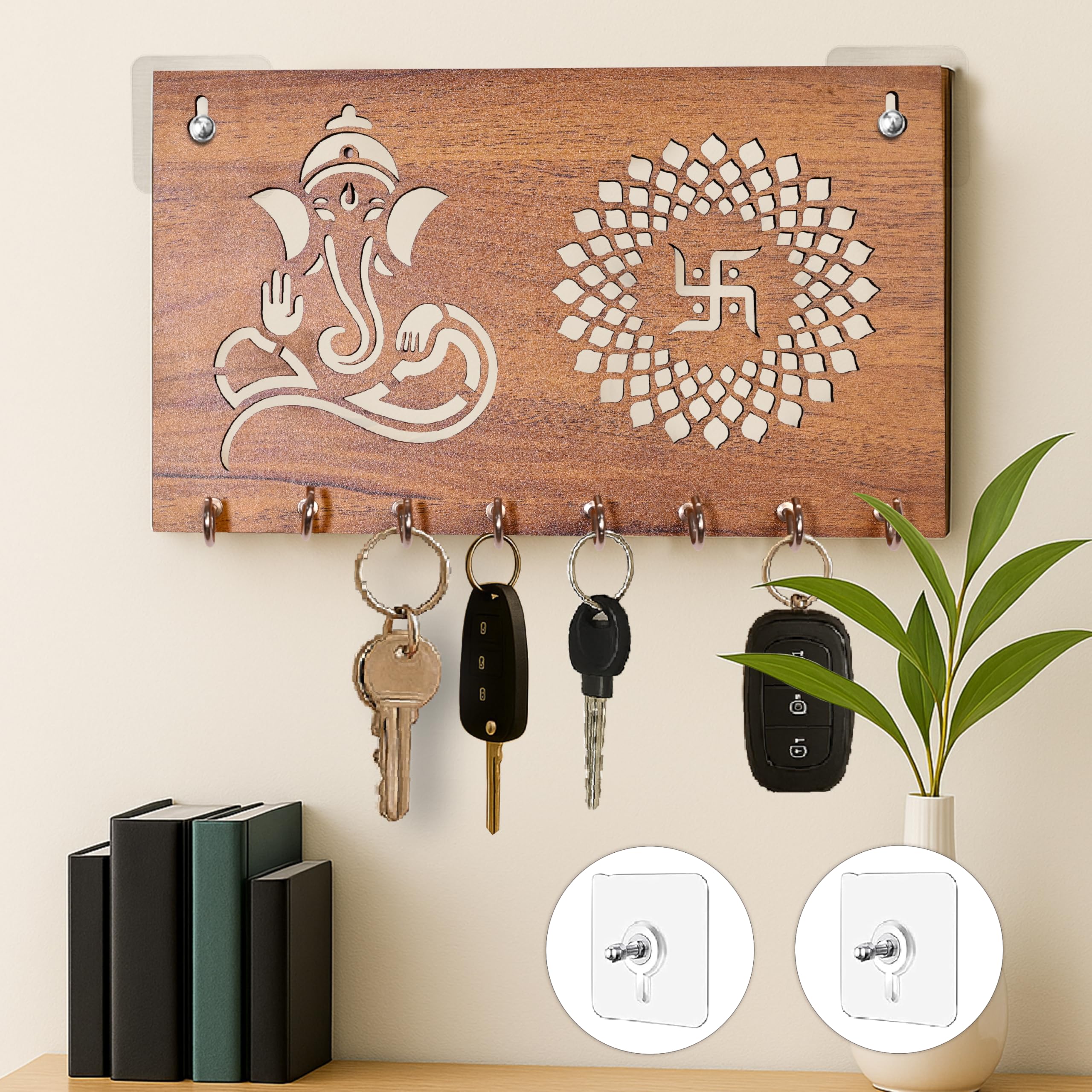 Rousrie Decorative Wooden Key Holder For Wall, NoDrill Installation, Modern Home Decor Key Hanger Stand, 8 Hooks