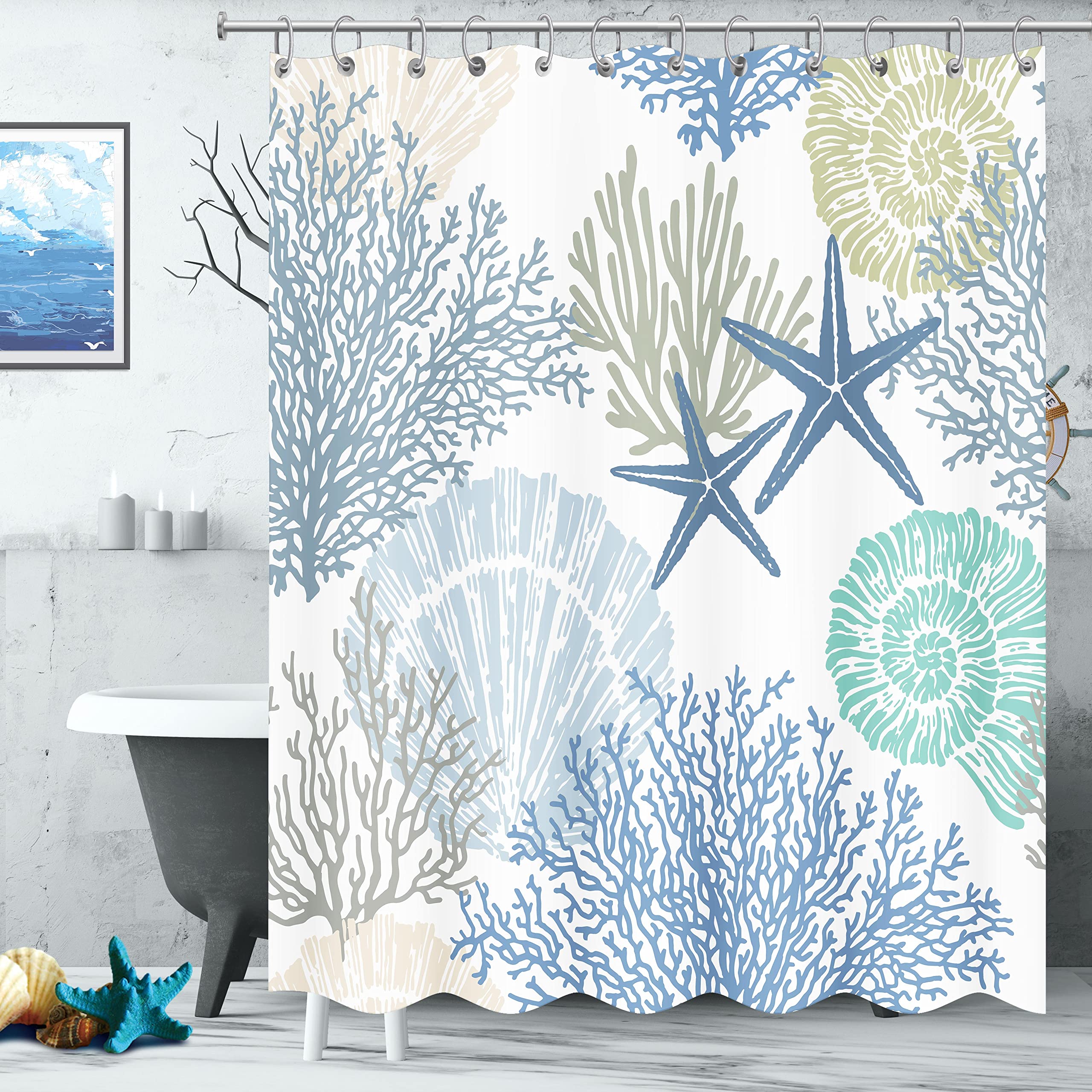 Tritard Extra Long Shower Curtain Decorative Nautical Coastal Starfish Seashell Beach Bath Curtain Waterproof Fabric Ocean Themed Decor for Bathroom with 12 Hooks  72 x 84  Blue