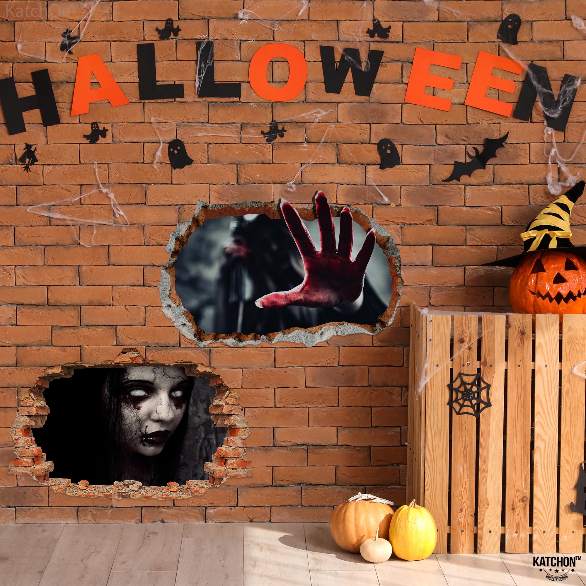 Katchon, 3D Halloween Wall Decals - Large 24 Inch, Pack Of 2 | Scary 3D Halloween Wall Stickers, Halloween Decorations Indoor |