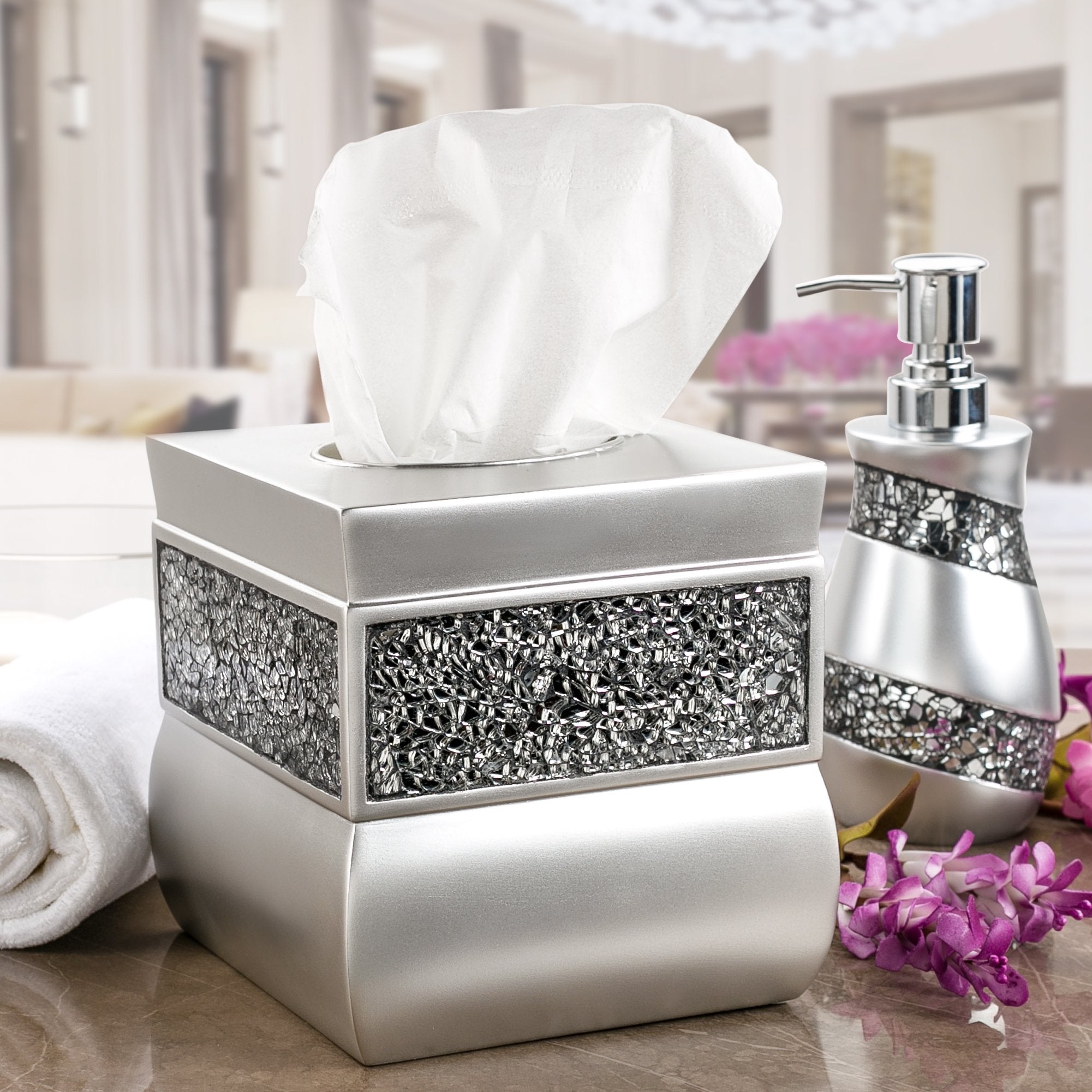 Creative Scents Silver Colored Square Tissue Box Cover - Decorative Tissue Box Holder With Beautiful Mosaic Glass - Tissues Cube