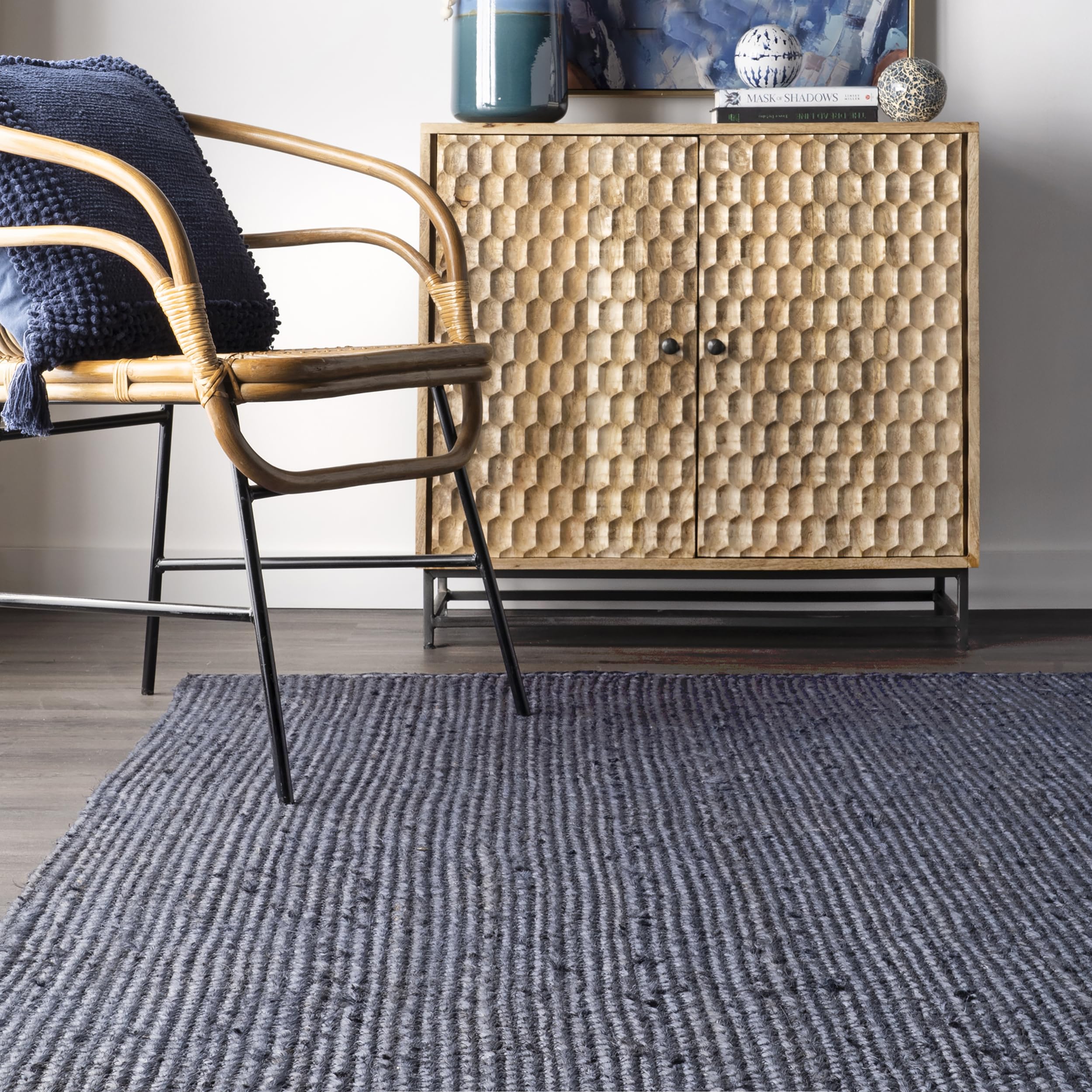 nuLOOM Oval 3x5 Rigo Jute Hand Woven Area Rug, Navy, Solid Farmhouse Design, Natural Fiber, For Bedroom, Living Room, Dining Roo